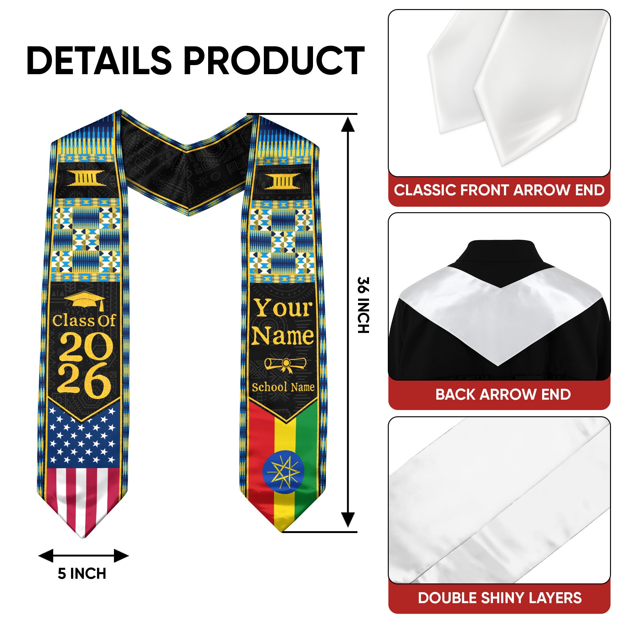 Customized Ethiopia Graduation Stole Featuring Ethiopian Flag Heritage Style, Graduation Sash Class of 2026