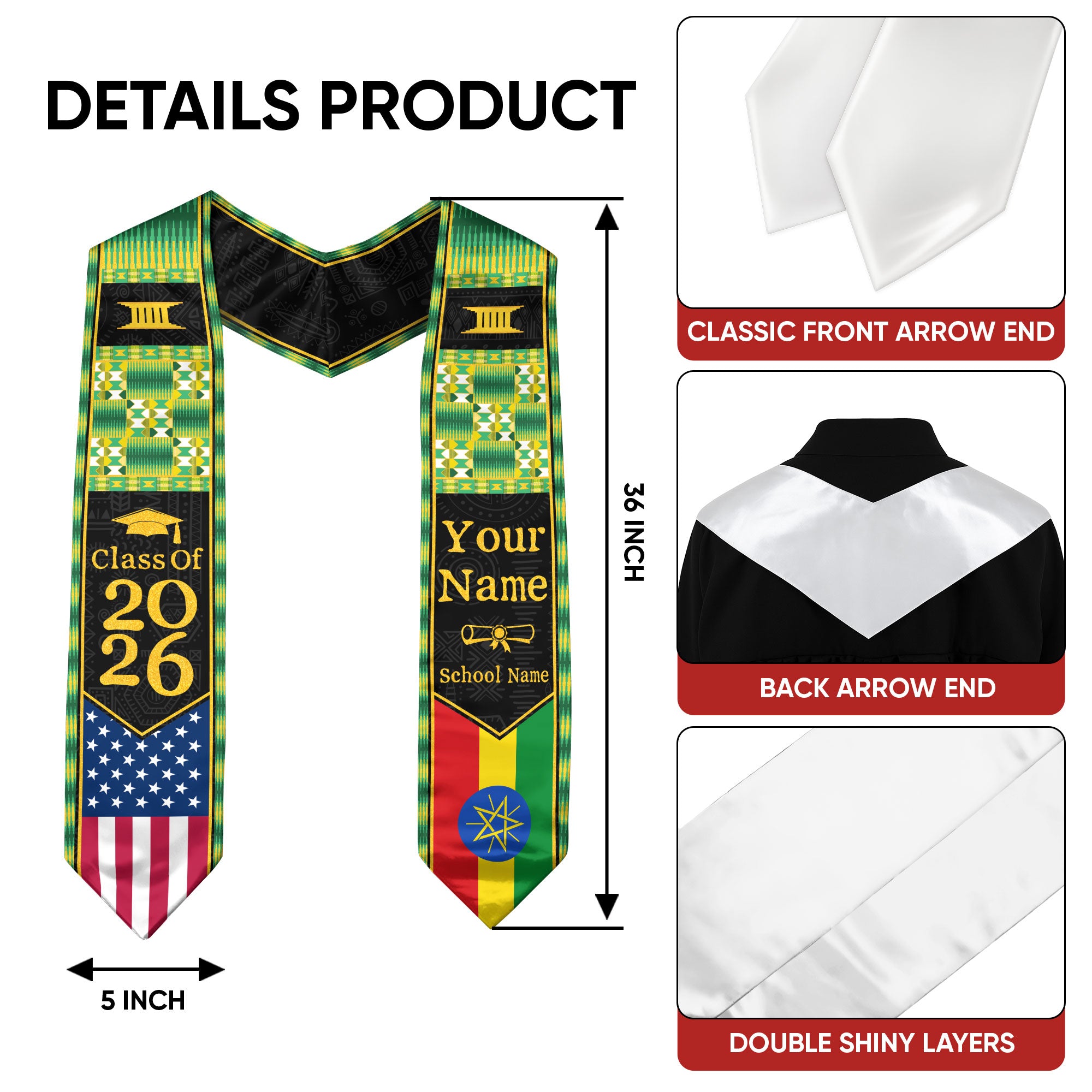 Customized Ethiopian Graduation Stole with National Flag Inspired Design, Graduation Sash 2026