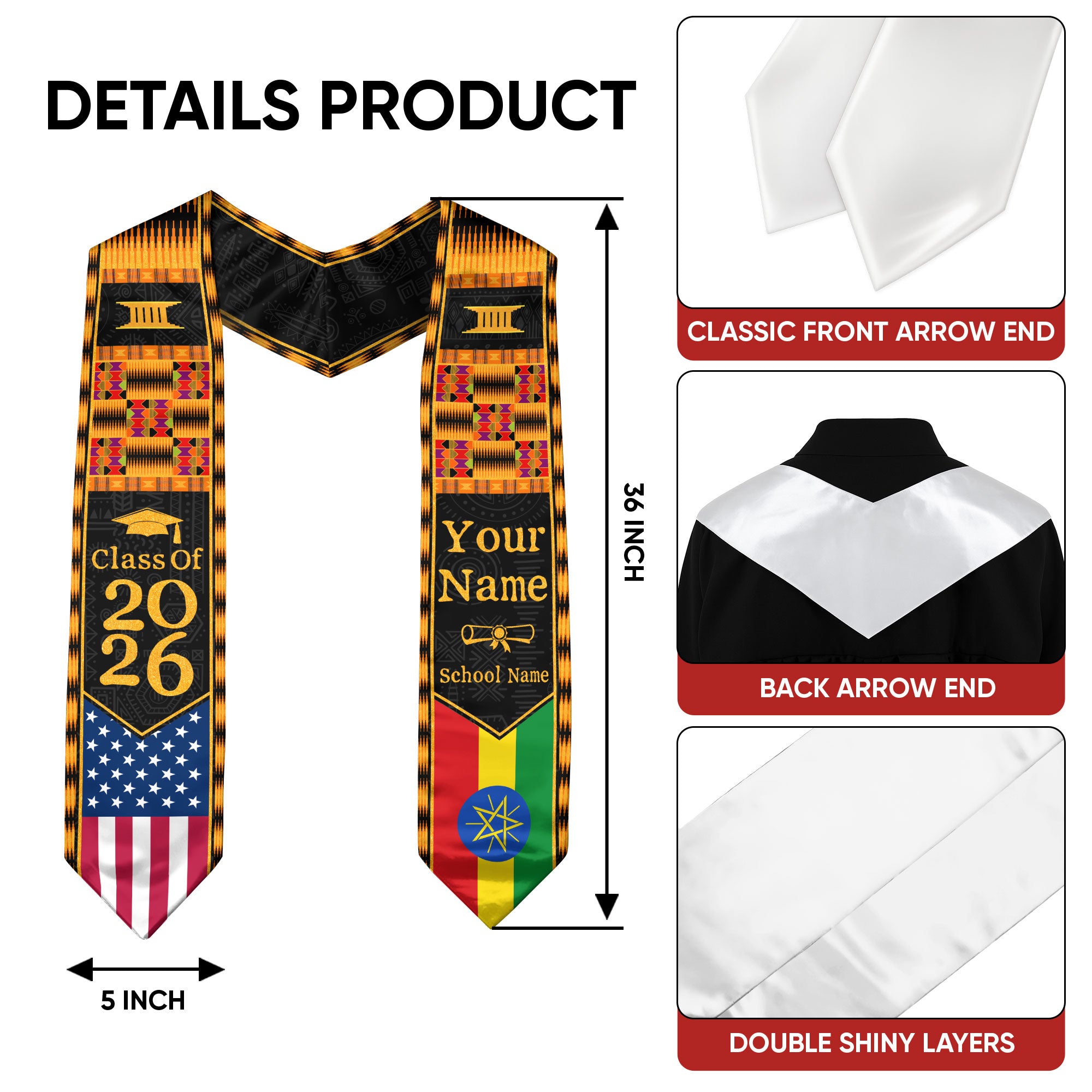 Customized Graduation Stole Ethiopia Showcasing Cultural Flag Pride Motif, Graduation Sash Class of 2026