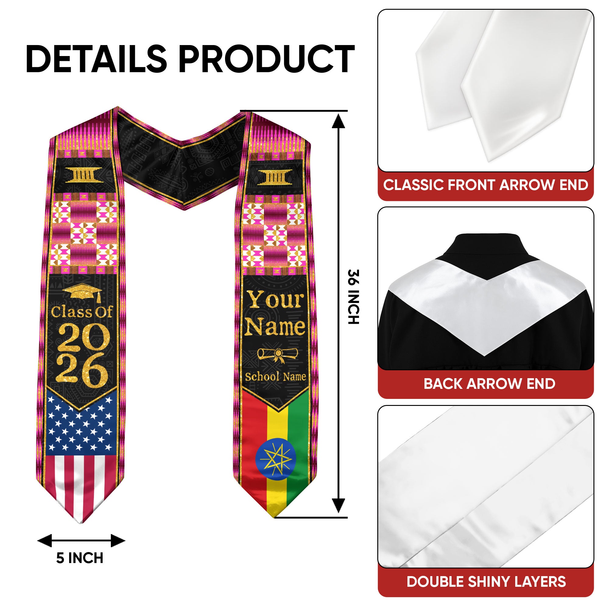 Customized Ethiopia Graduation Sash Highlighting Traditional Flag Accents, Ceremony Stole 2026