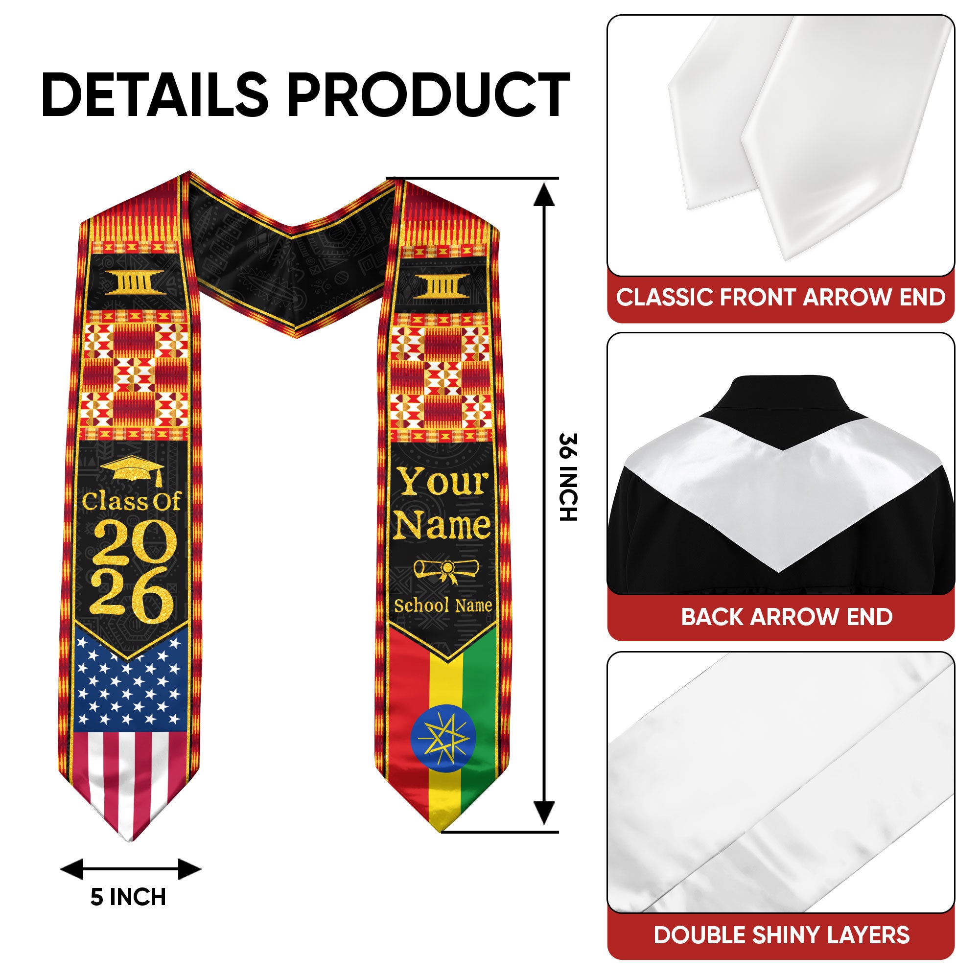 Customized Ethiopian Graduation Stole Featuring Flag Identity Pattern, Graduation Sash Class of 2026