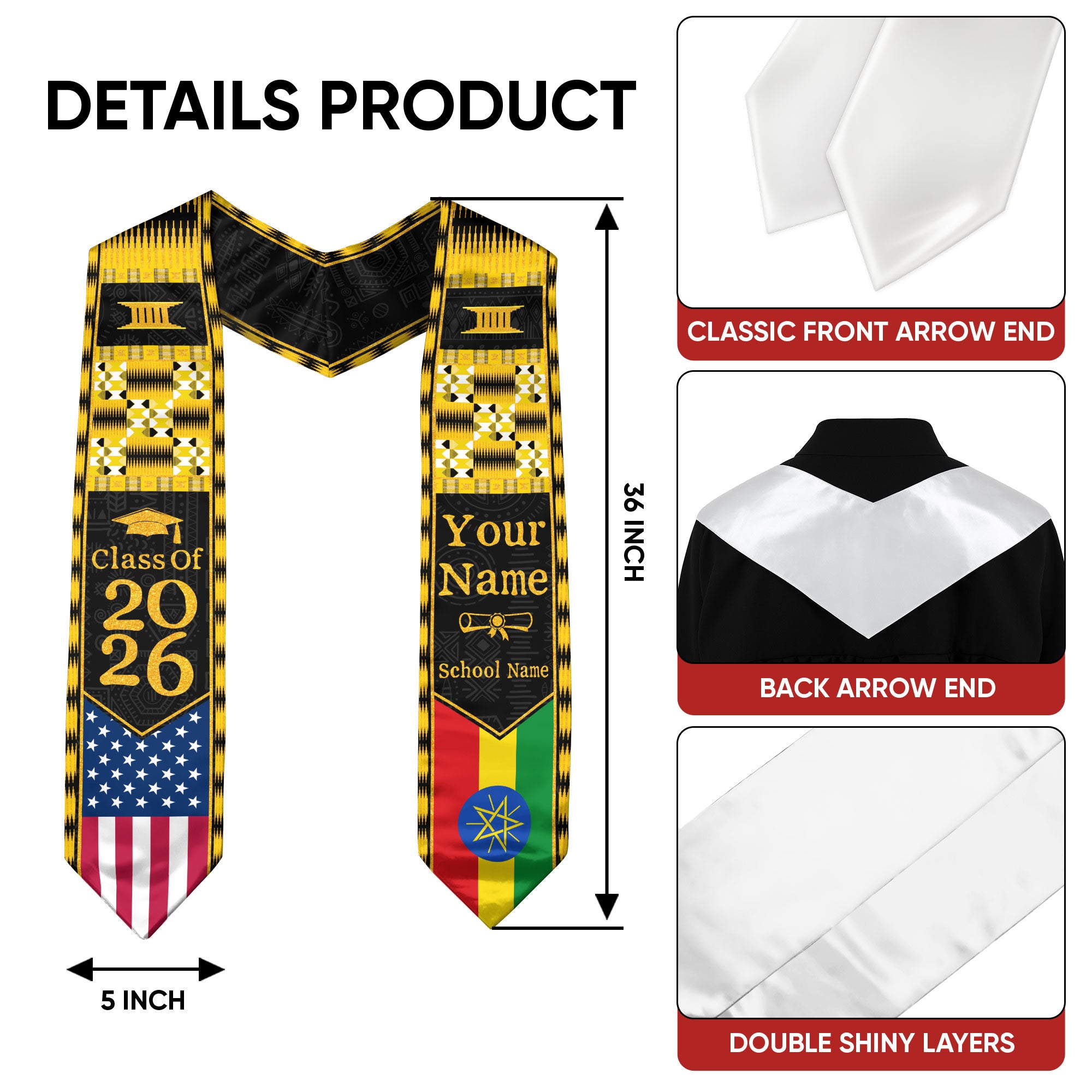 Customized Ethiopia Graduation Stole with Patriotic Flag Color Design, Graduation Sash 2026