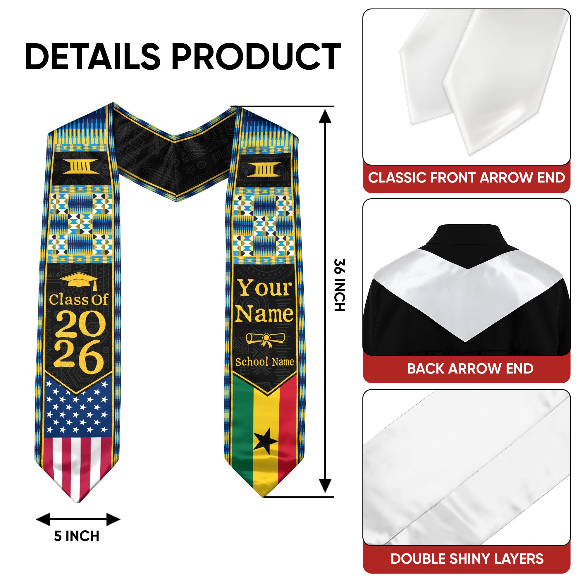 Customized Ghana Graduation Stole Featuring Ghanaian Flag Heritage Design, Graduation Sash Class of 2026