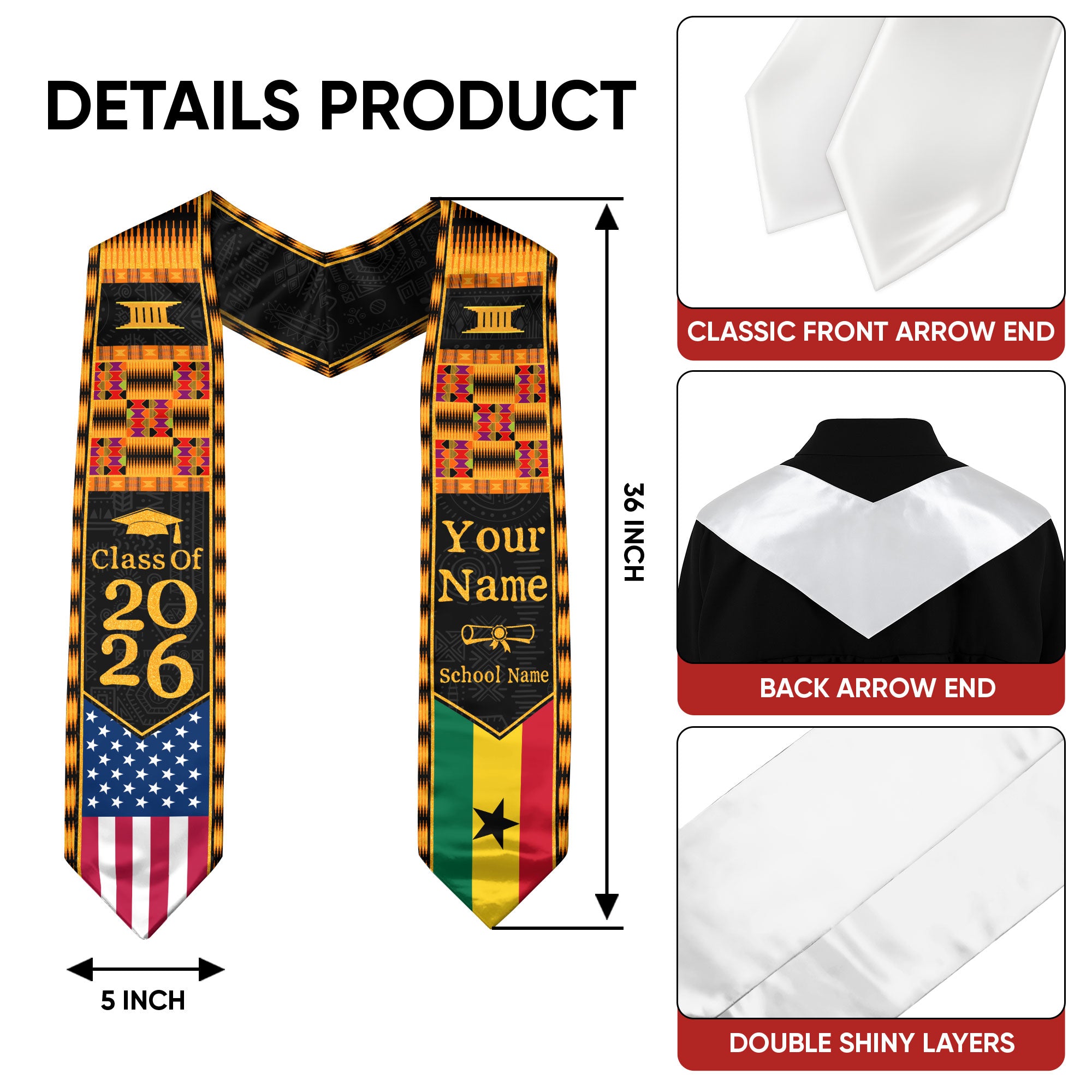 Customized Ghana Graduation Stole Showcasing Cultural Flag Pride Motif, Graduation Sash Class of 2026