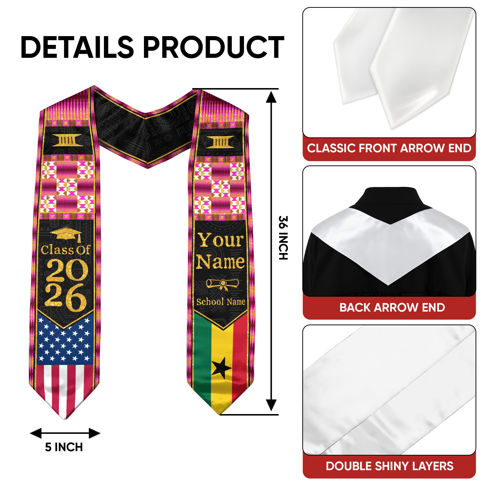Customized Ghana Graduation Sash Highlighting Traditional Flag Accents, Ceremony Stole 2026