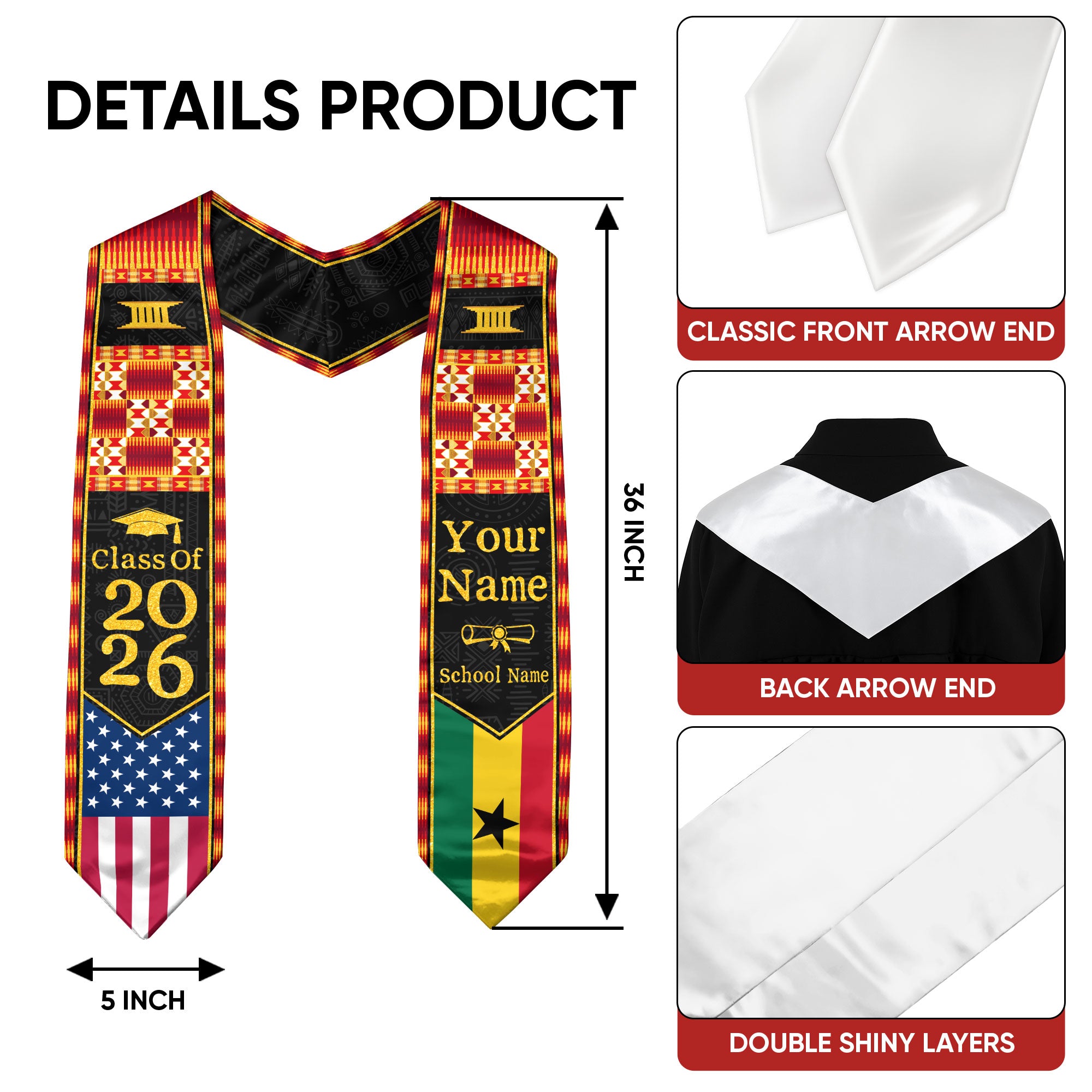 Customized Ghanaian Graduation Stole Featuring Flag Identity Design, Graduation Sash Class of 2026