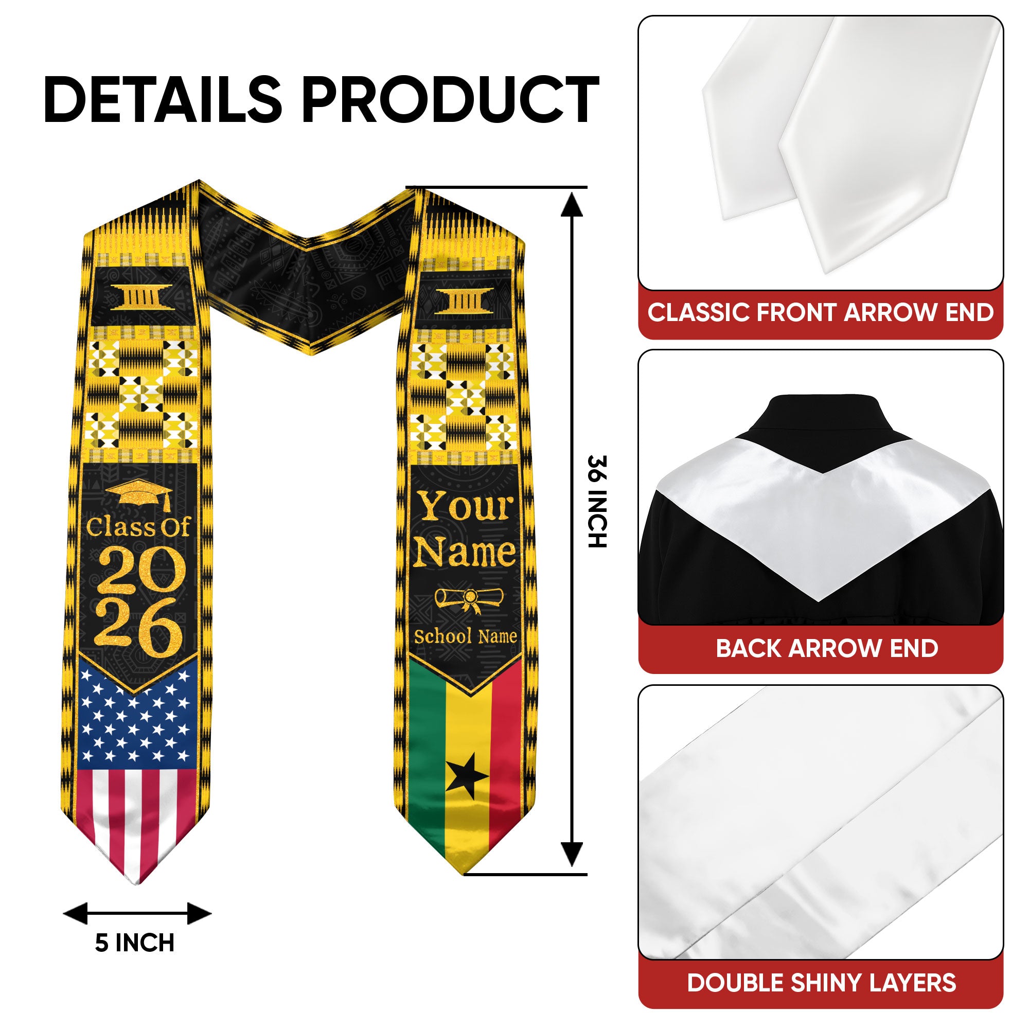 Customized Ghana Graduation Stole with Patriotic Flag Color Pattern, Graduation Sash 2026