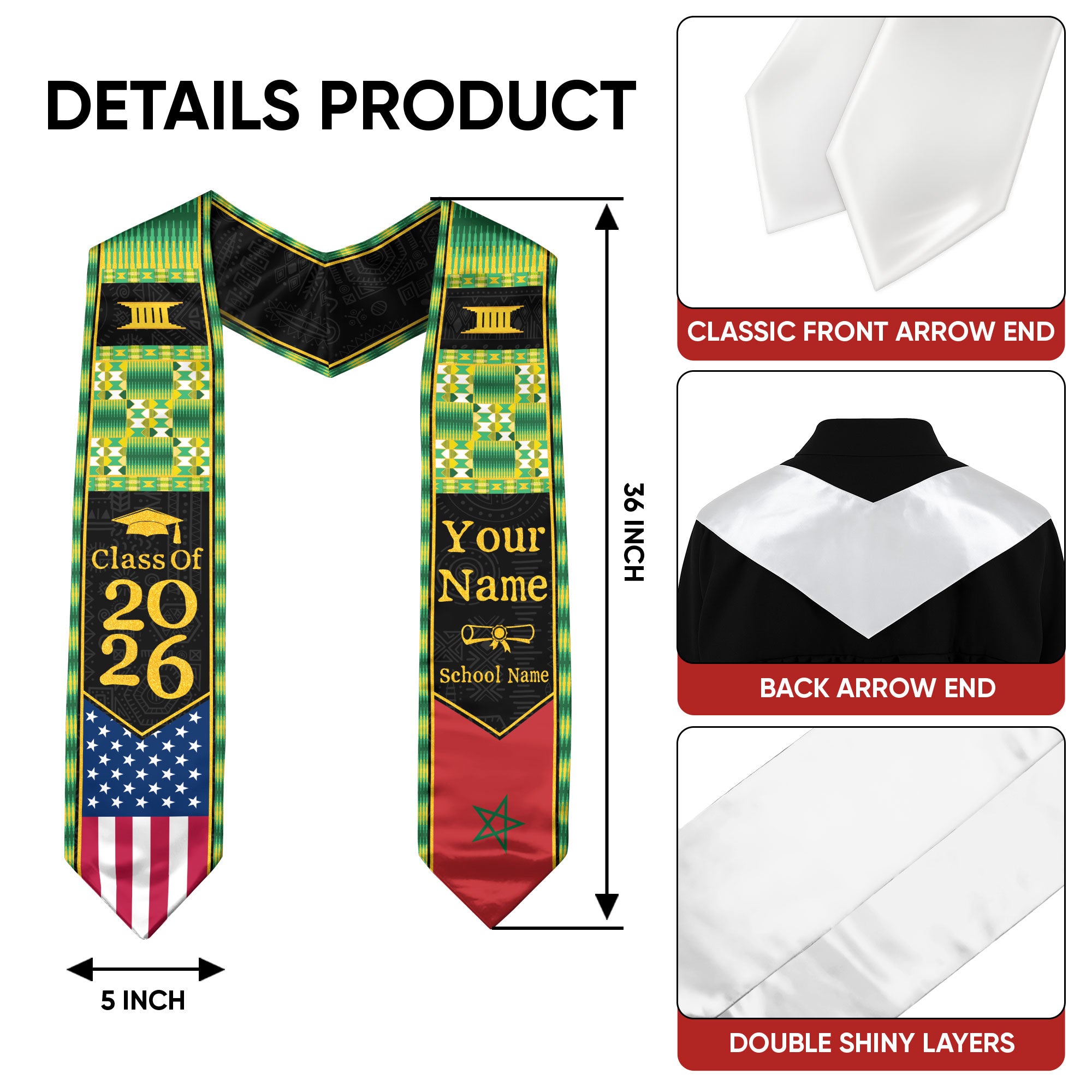 Customized Moroccan Graduation Stole with National Flag Inspired Accents, Graduation Sash 2026
