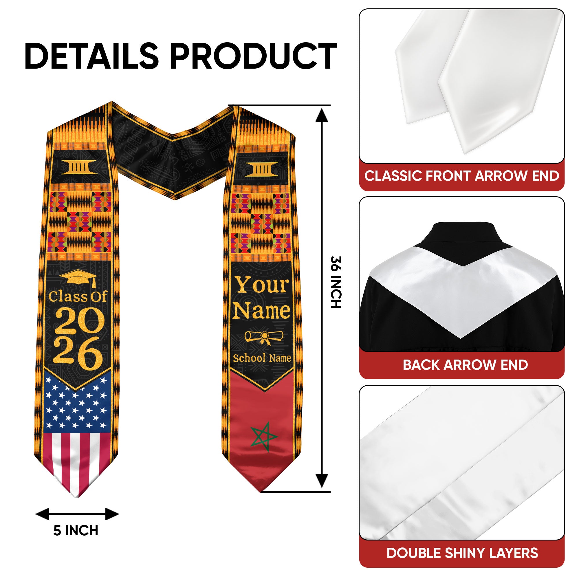 Customized Graduation Stole Morocco Showcasing Cultural Flag Motif, Graduation Sash Class of 2026