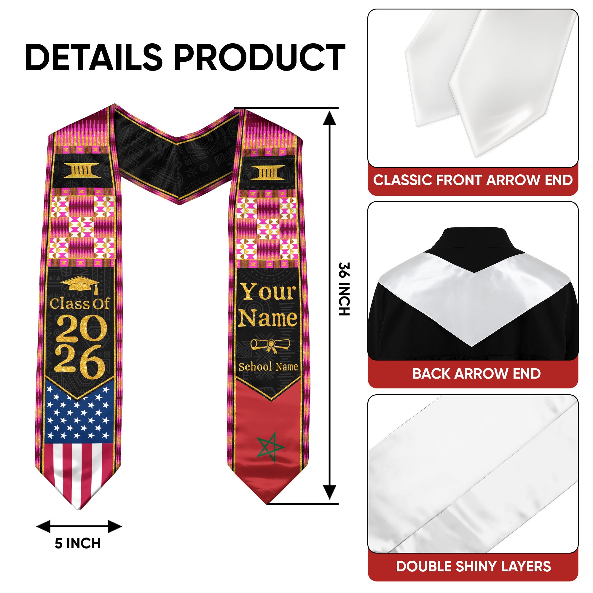 Customized Morocco Graduation Sash Highlighting Traditional Flag Design, Ceremony Stole 2026