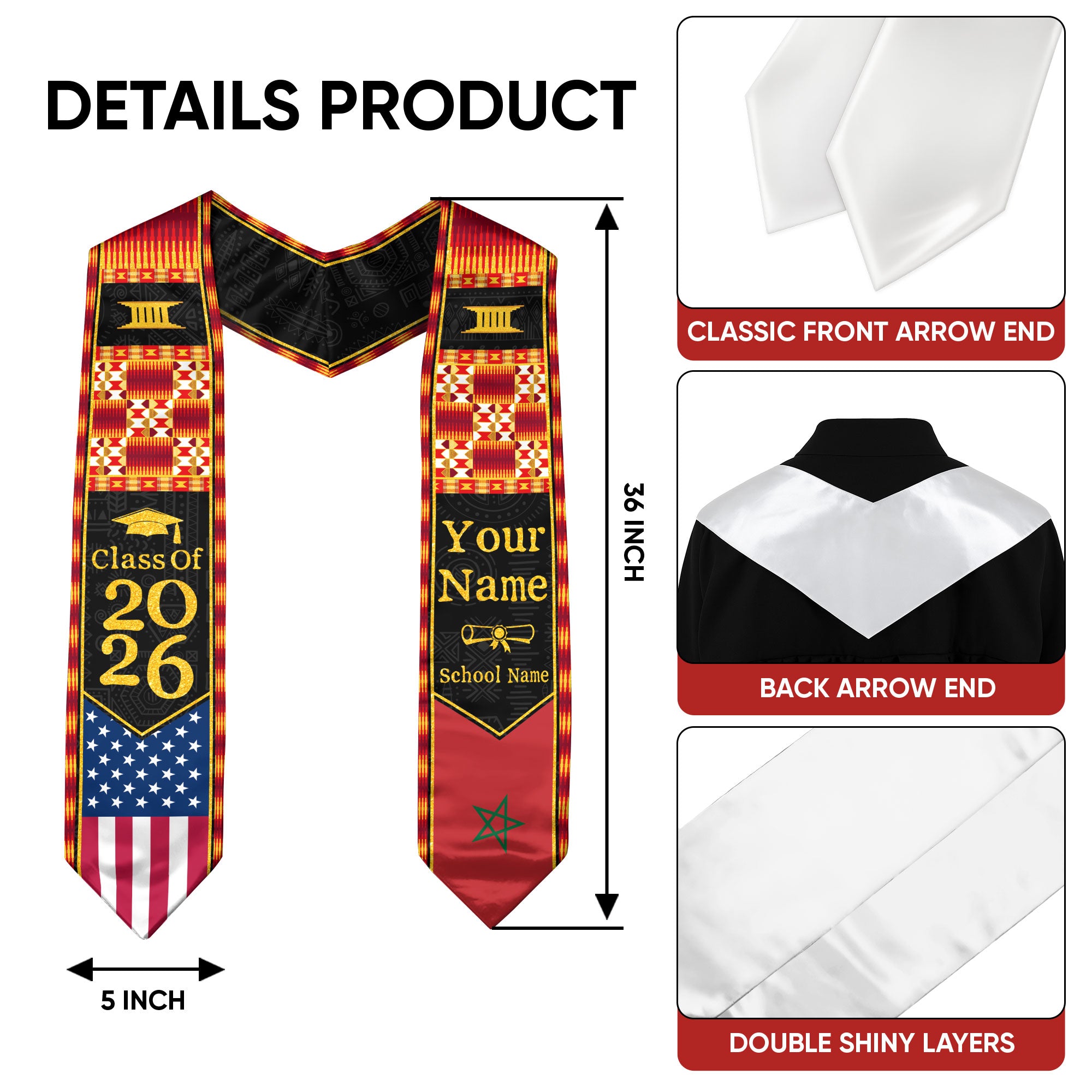 Customized Moroccan Graduation Stole Featuring Flag Pride Details, Graduation Sash Class of 2026
