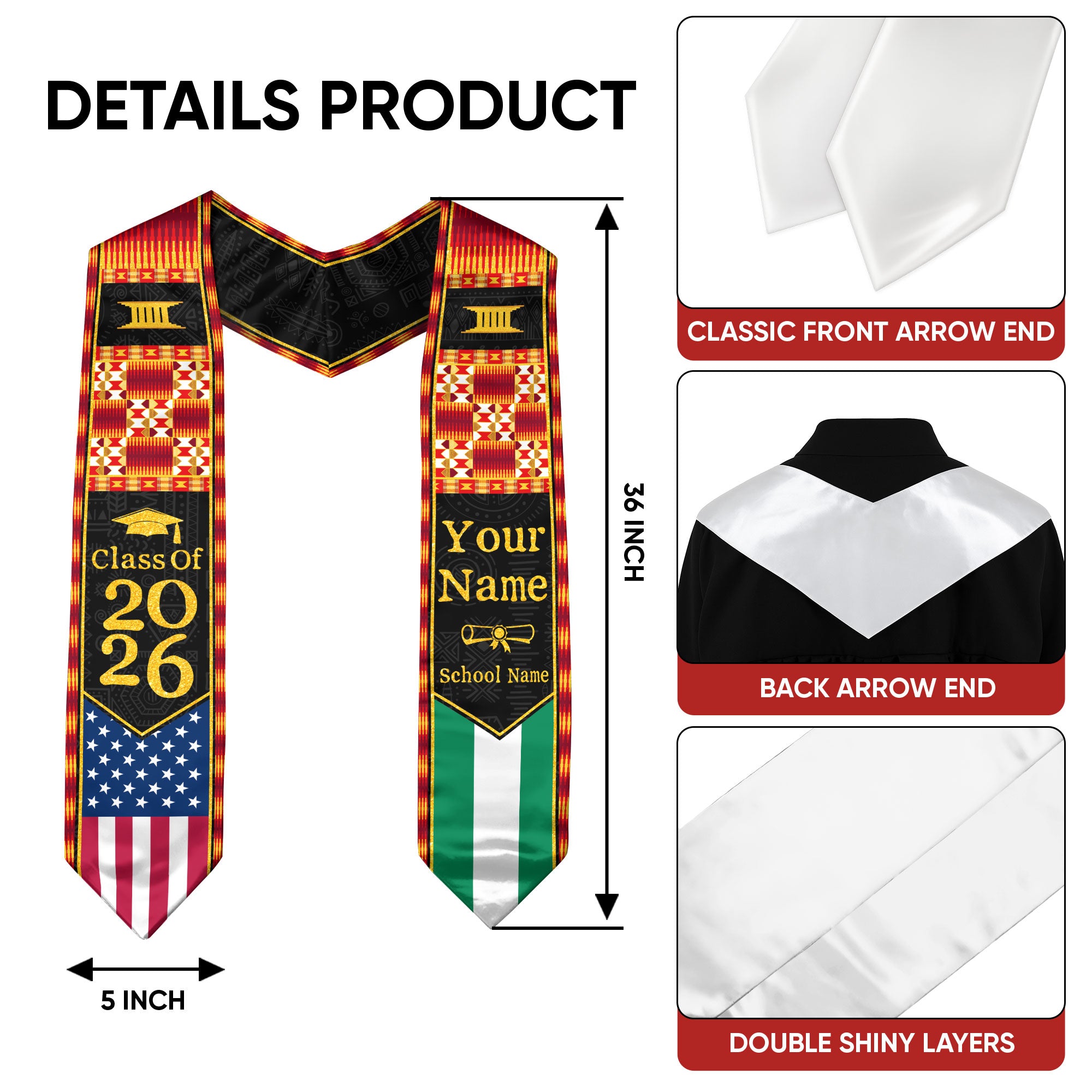 Customized Nigerian Graduation Stole Featuring Flag Identity Pattern, Graduation Sash Class of 2026