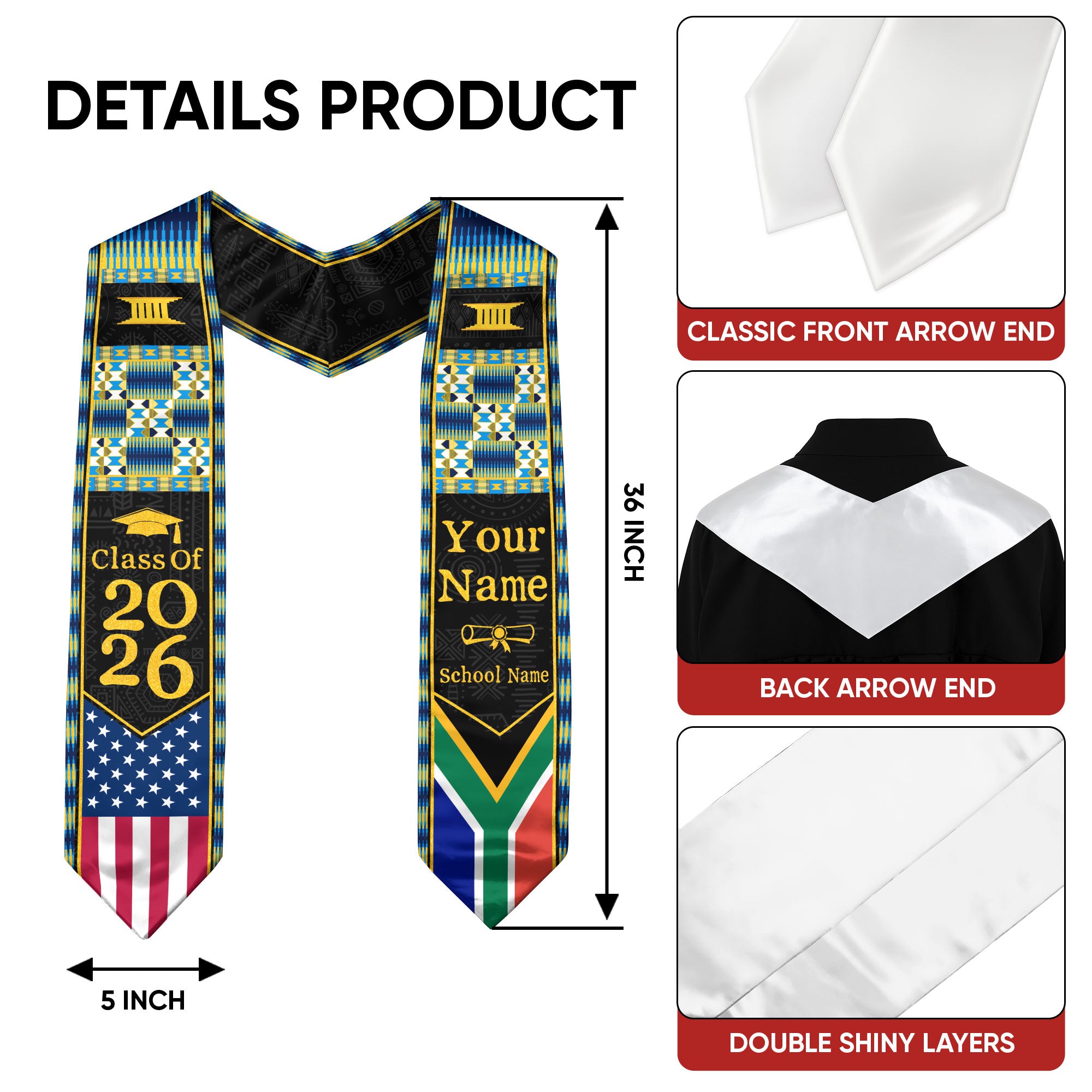 Customized South Africa Graduation Stole with Flag Heritage Accents, Graduation Sash for the Class of 2026