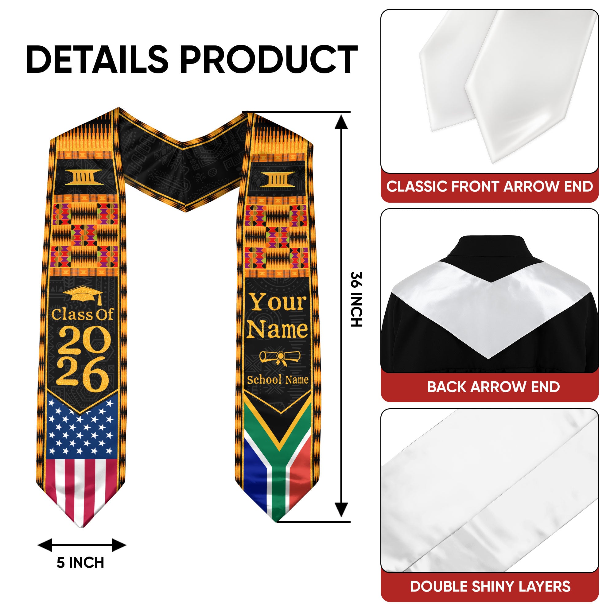 Customized Graduation Stole for South Africa with Cultural Flag Design, Graduation Sash 2026