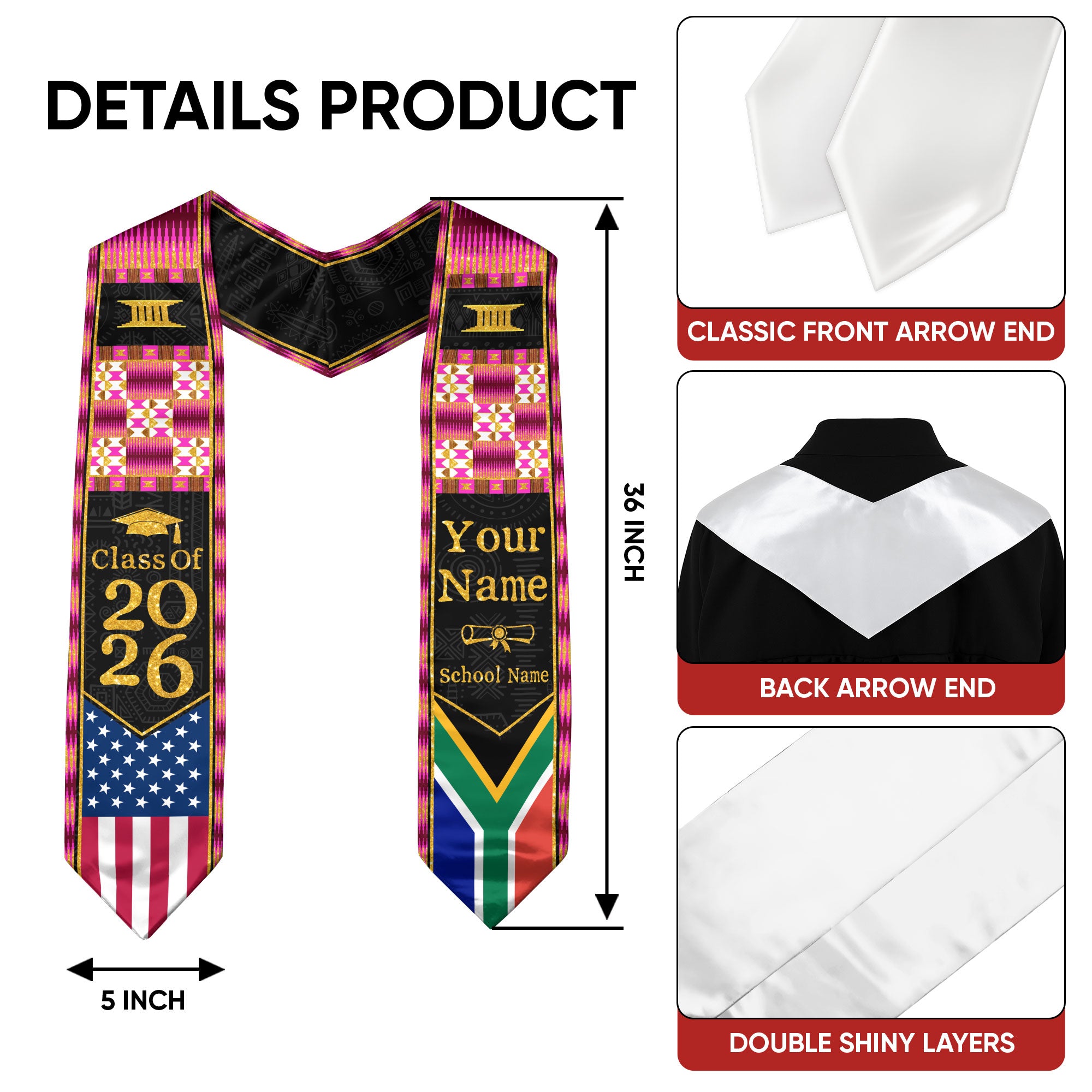 Customized South Africa Graduation Sash Showcasing Flag Pride Details, Ceremony Stole Class of 2026