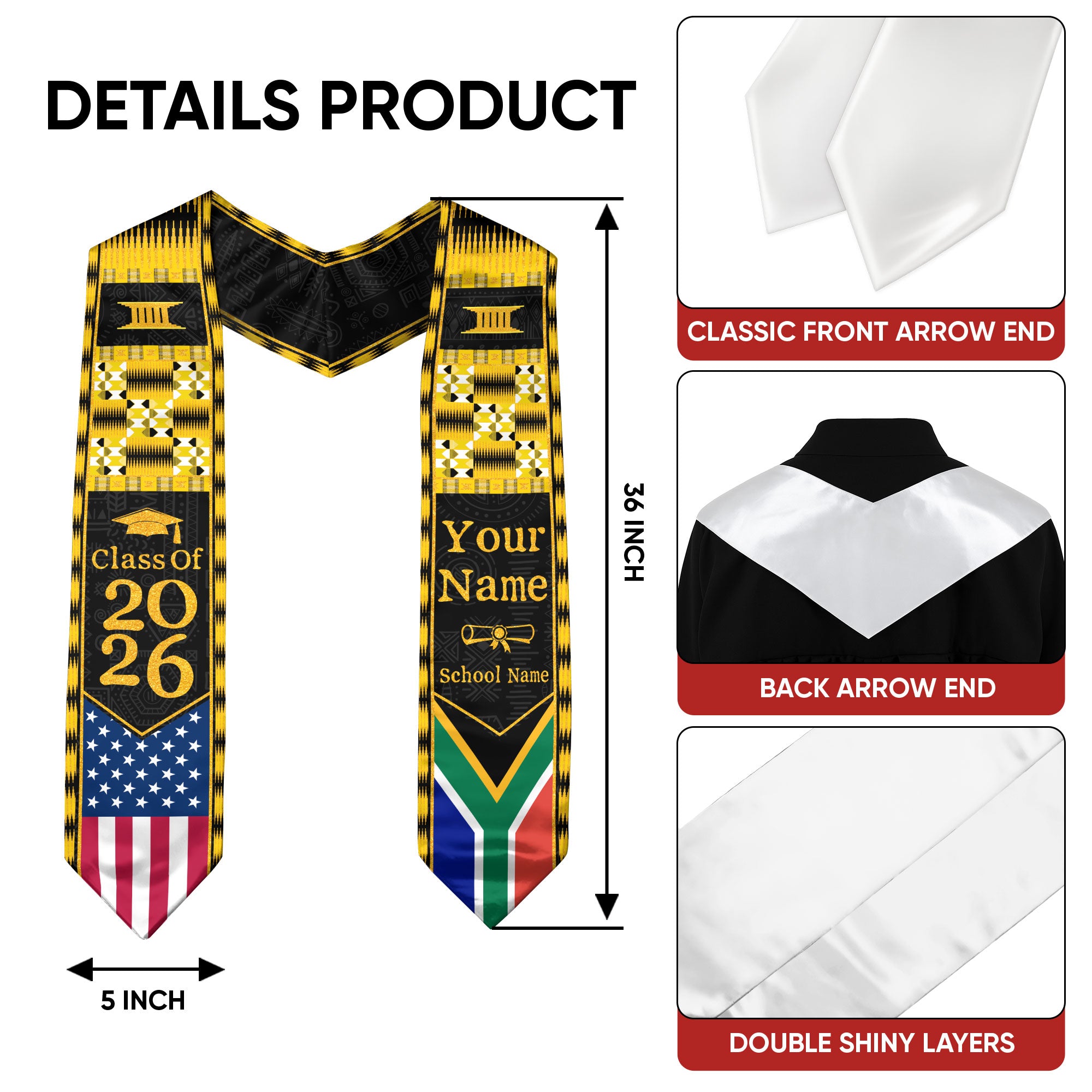 Customized South Africa Graduation Stole with Patriotic Flag Motif, Graduation Sash for Class of 2026