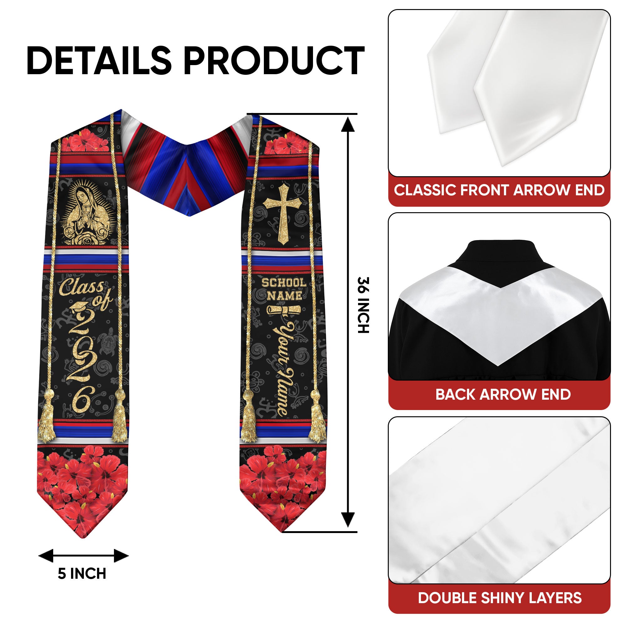 Puerto Rico Graduation Stole 2026, Puerto Rican Flag Sash, Custom Trim for Class of 2026