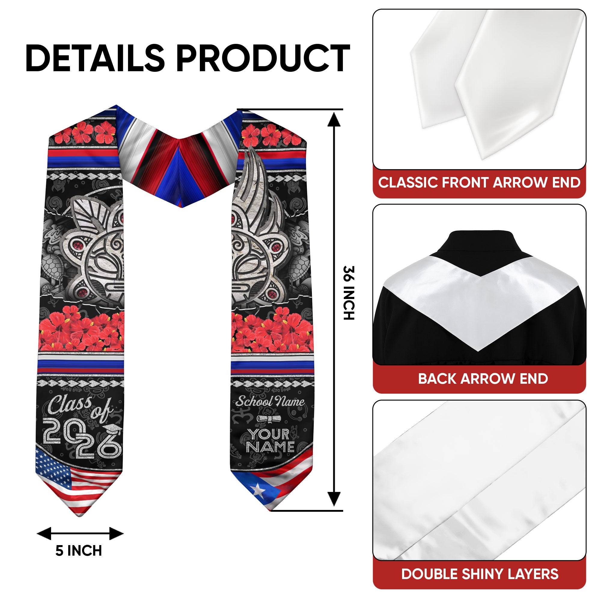Puerto Rican Flag Graduation Sash 2026, PR Graduation Stole, Custom Detail for Graduates