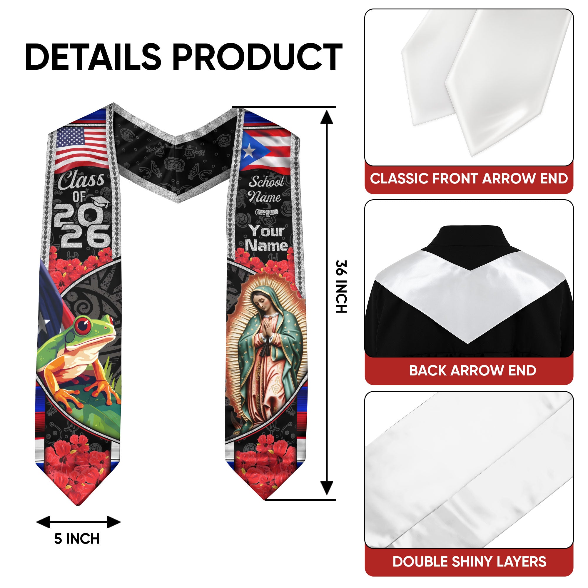 Puerto Rico Flag Graduation Stole 2026, Puerto Rican Grad Sash, Custom Finish for Grads