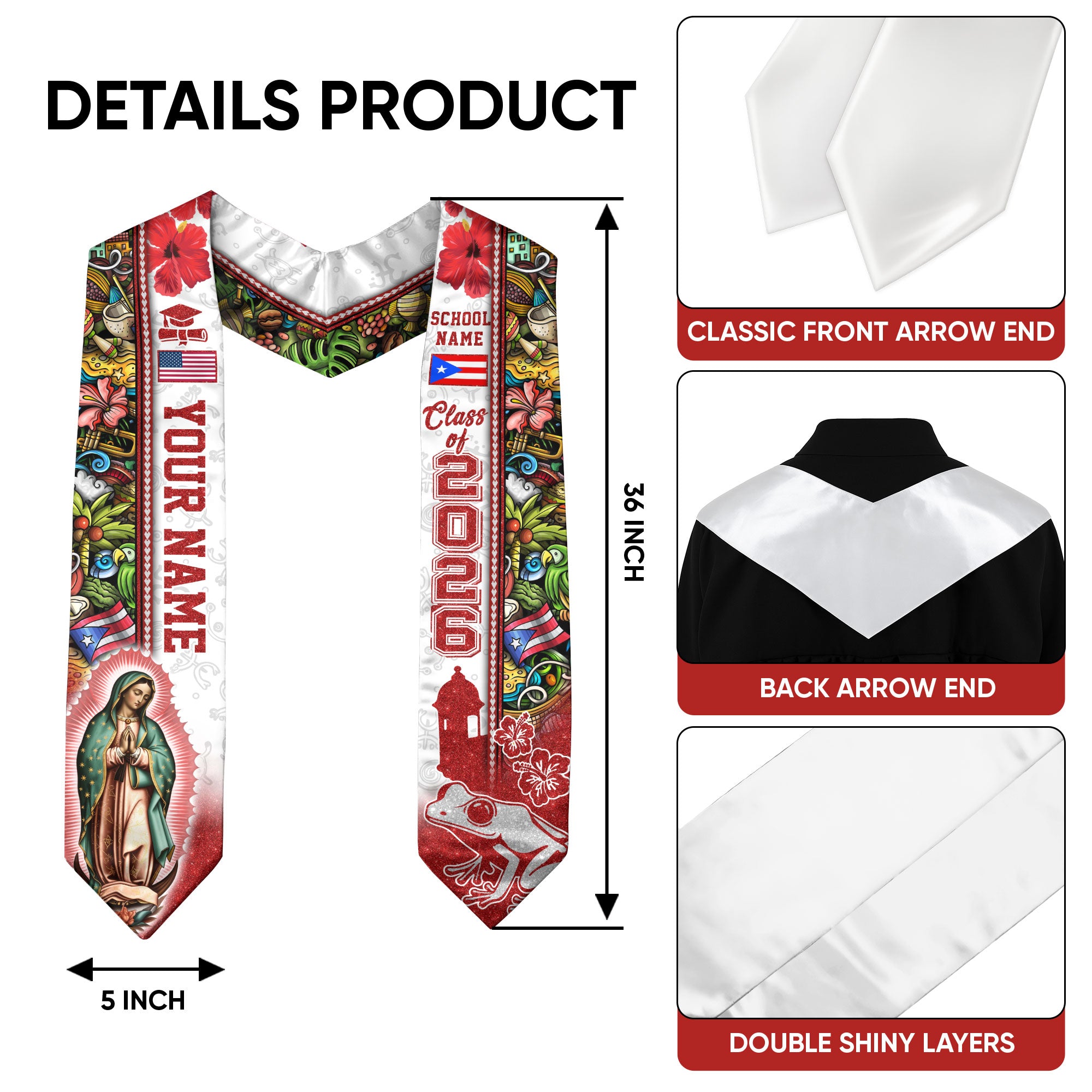 Puerto Rico Graduation Stole 2026, Puerto Rican Flag Sash, Custom Detail Option for Grads