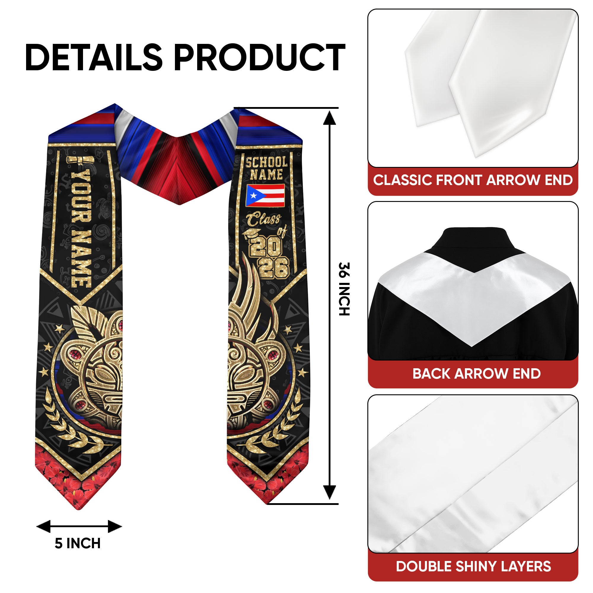 Puerto Rican Flag Graduation Sash 2026, Puerto Rico Stole Sash, Custom Accent for 2026