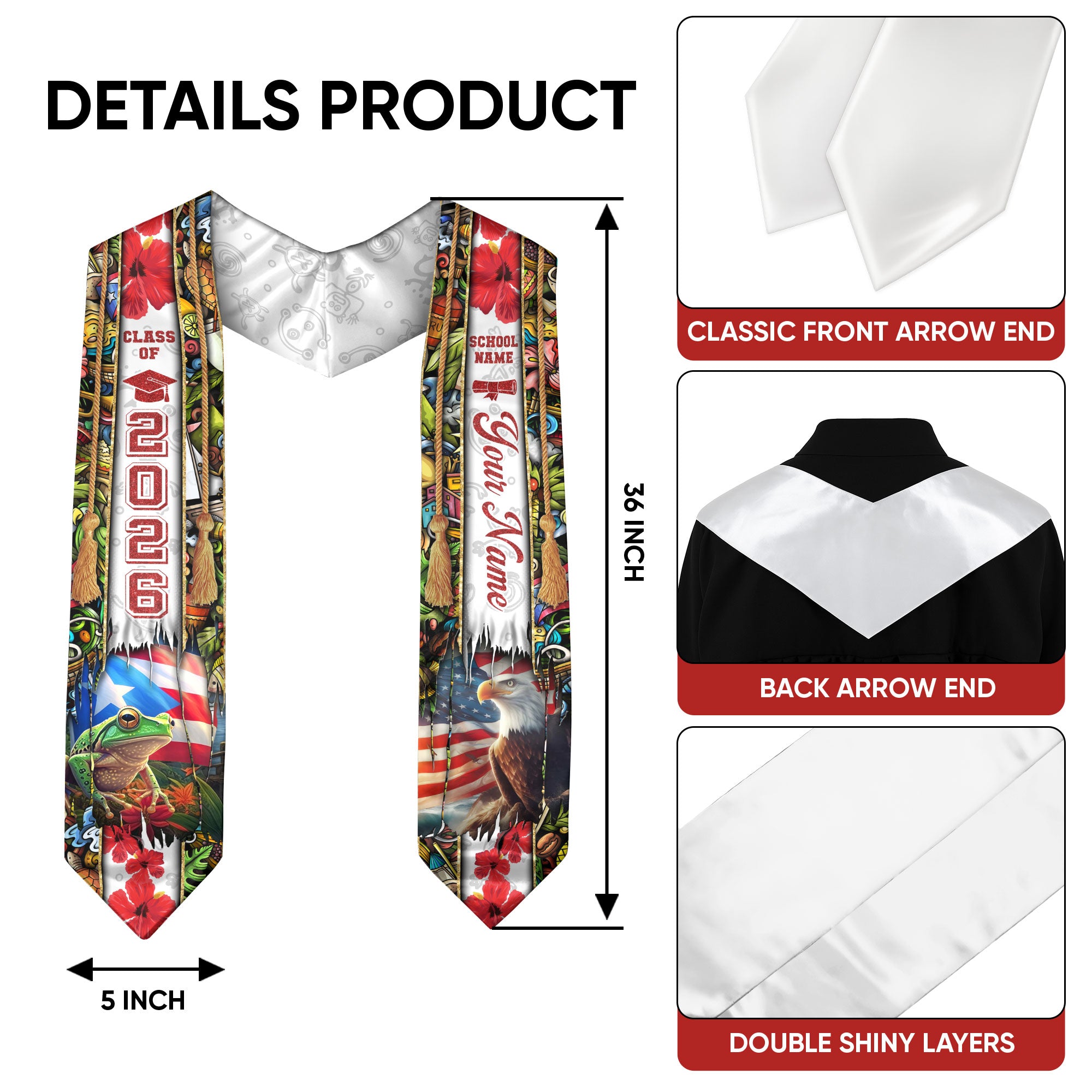 Puerto Rico Flag Graduation Stole 2026, Puerto Rican Graduation Sash, Custom Trim Finish