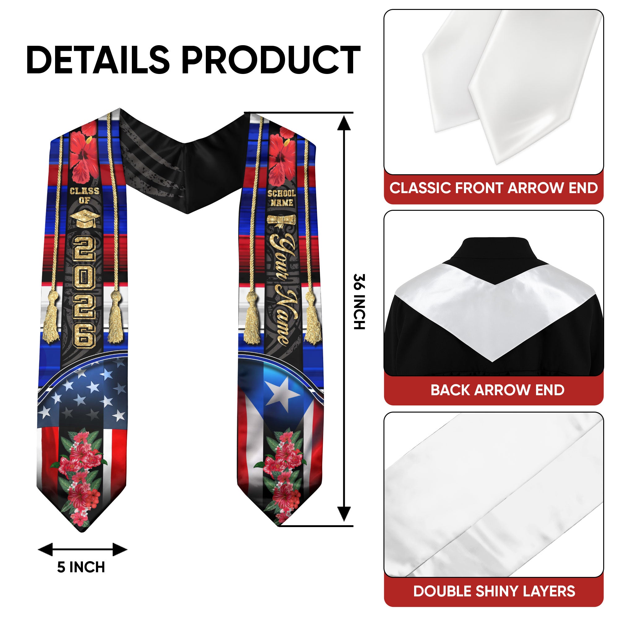 Puerto Rican Graduation Sash 2026, Puerto Rico Graduation Stole, Custom Touch Flag Sash