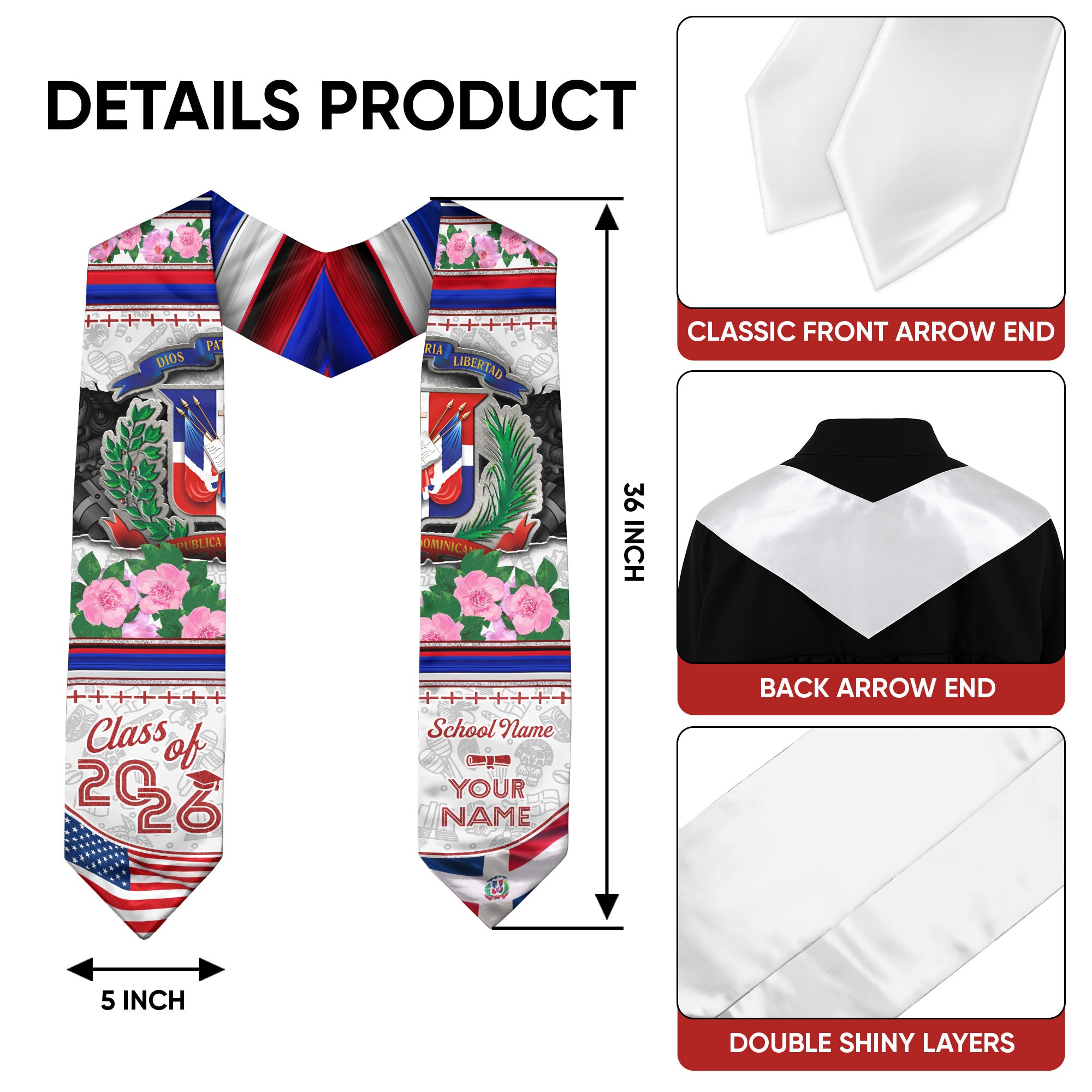 Customized Dominican Graduation Stole with National Flag Design, Graduation Sash 2026