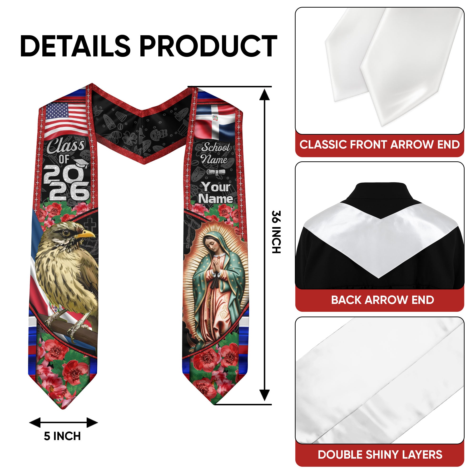 Customized Graduation Stole Dominican Republic, Flag Inspired Sash for Class of 2026