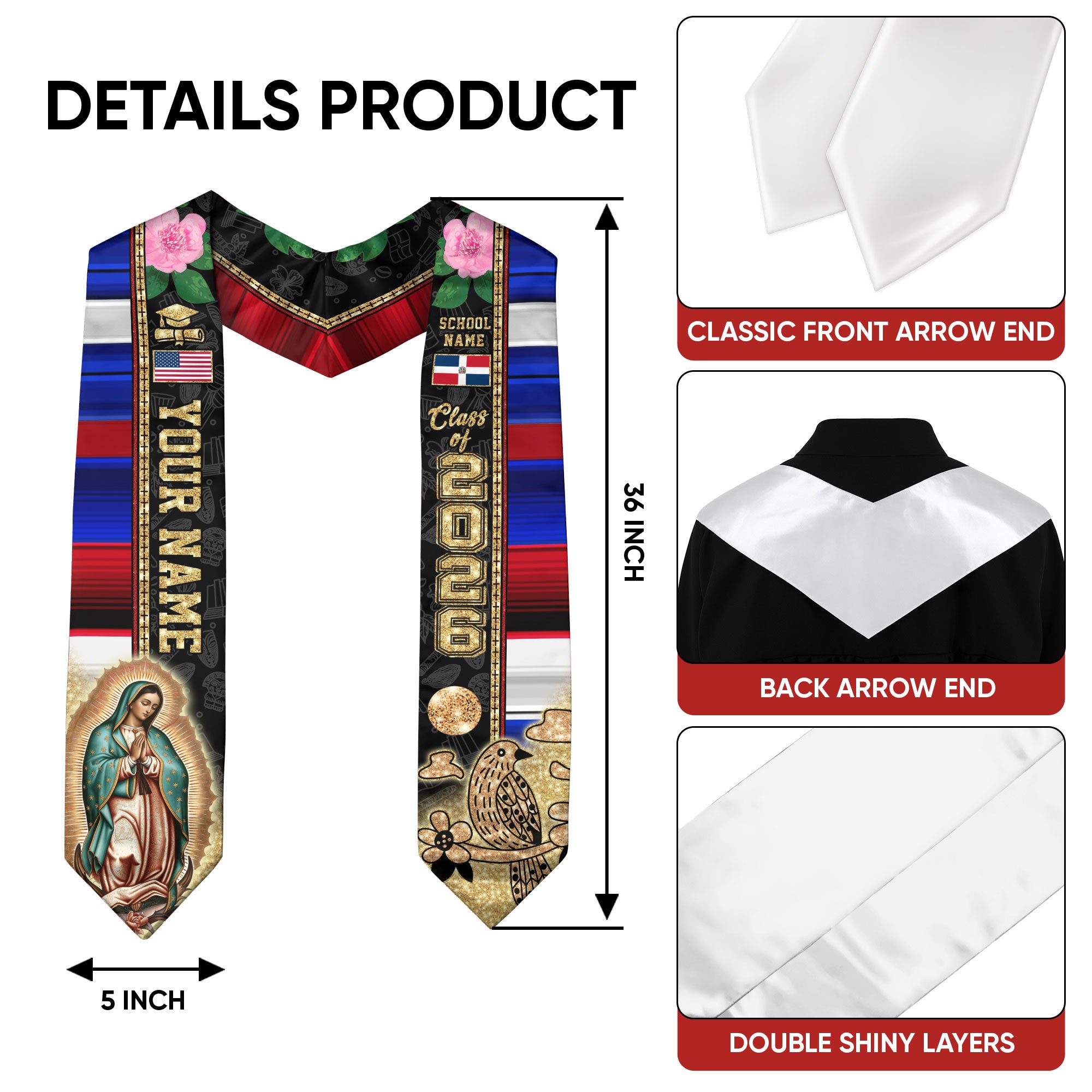 Customized Dominican Republic Graduation Sash, Flag Style Stole for Commencement 2026