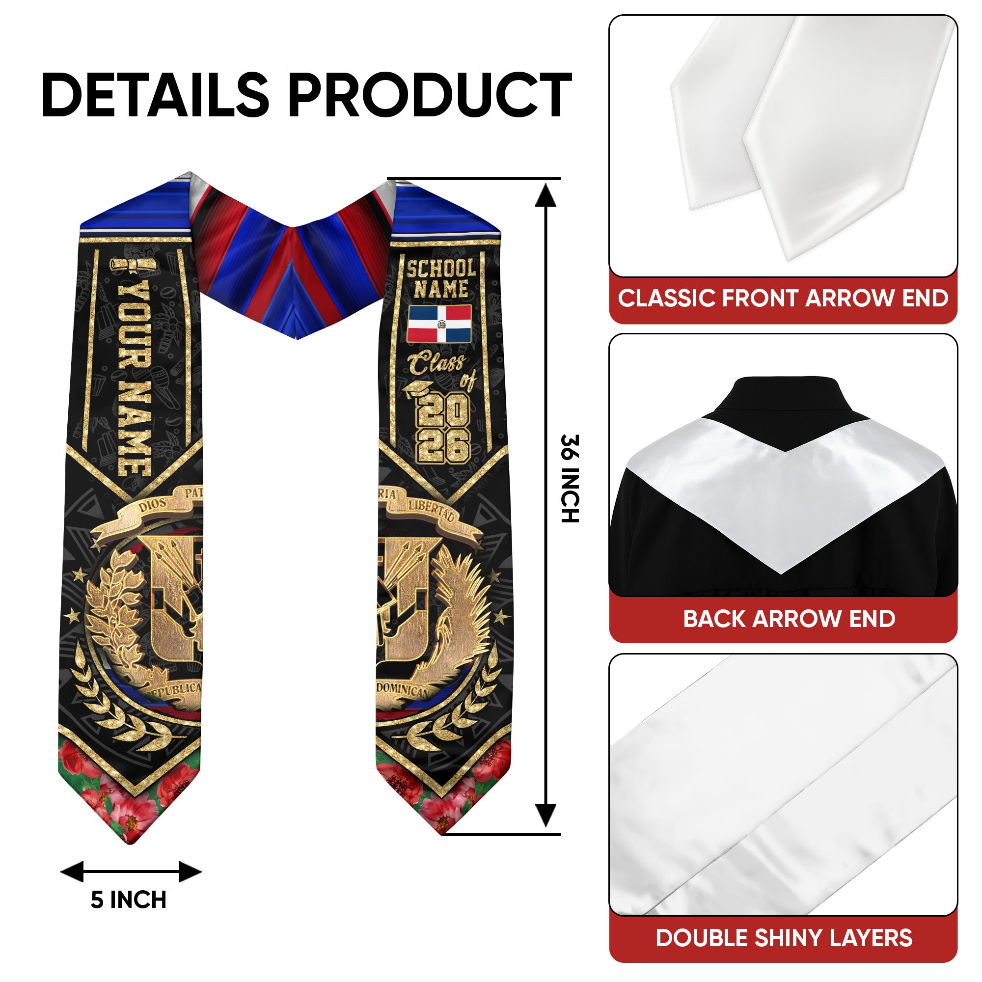 Dominican Flag Graduation Sash 2026, Dominican Grad Stole, Custom Accent Detail for Grads