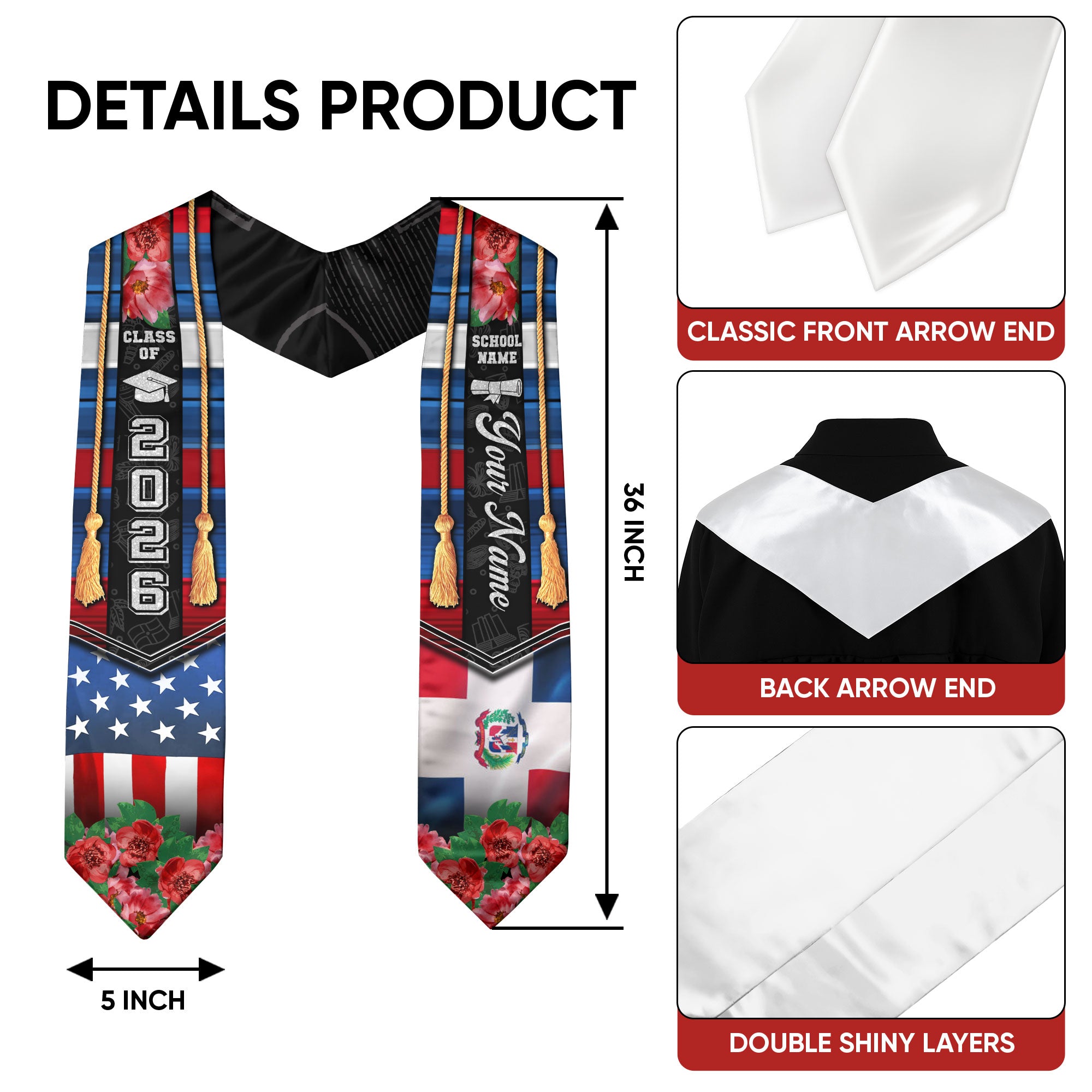 Dominican Flag Graduation Stole 2026, Dominican Stole Sash, Custom Finish for Graduates