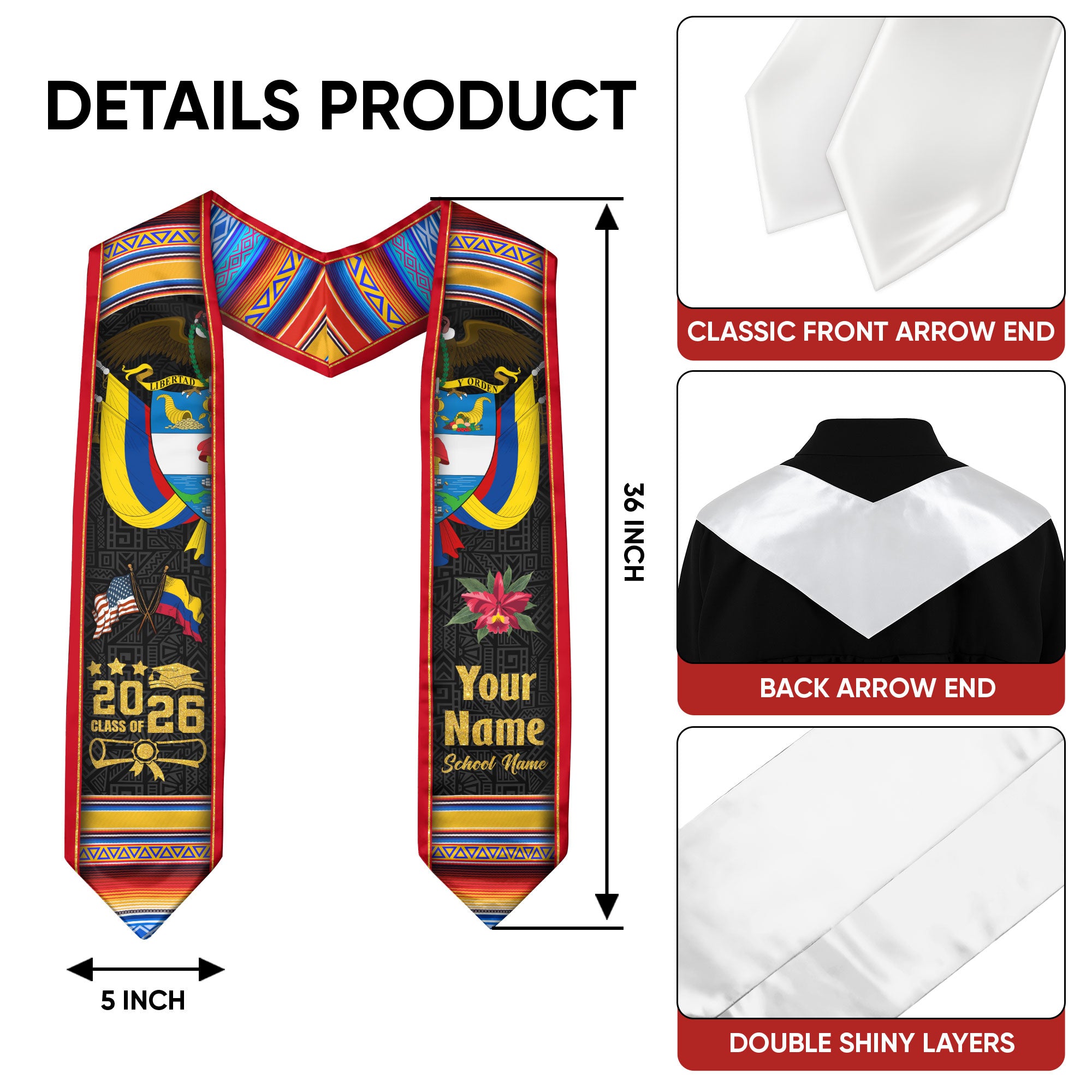 Colombia Graduation Stole 2026, Colombian Flag Sash, Personalized Gift for Grads