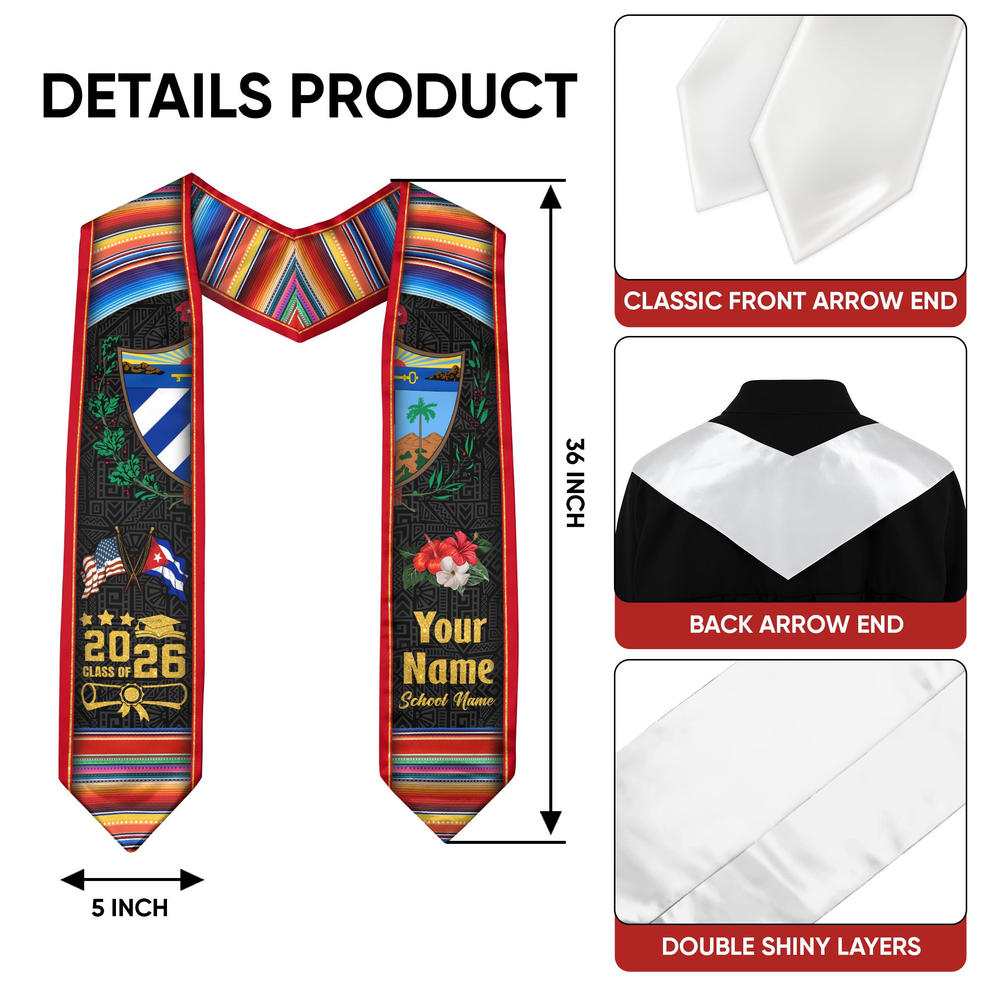 Cuba Graduation Stole 2026, Cuban Flag Sash, Tailored Detail for Class of 2026 Graduates