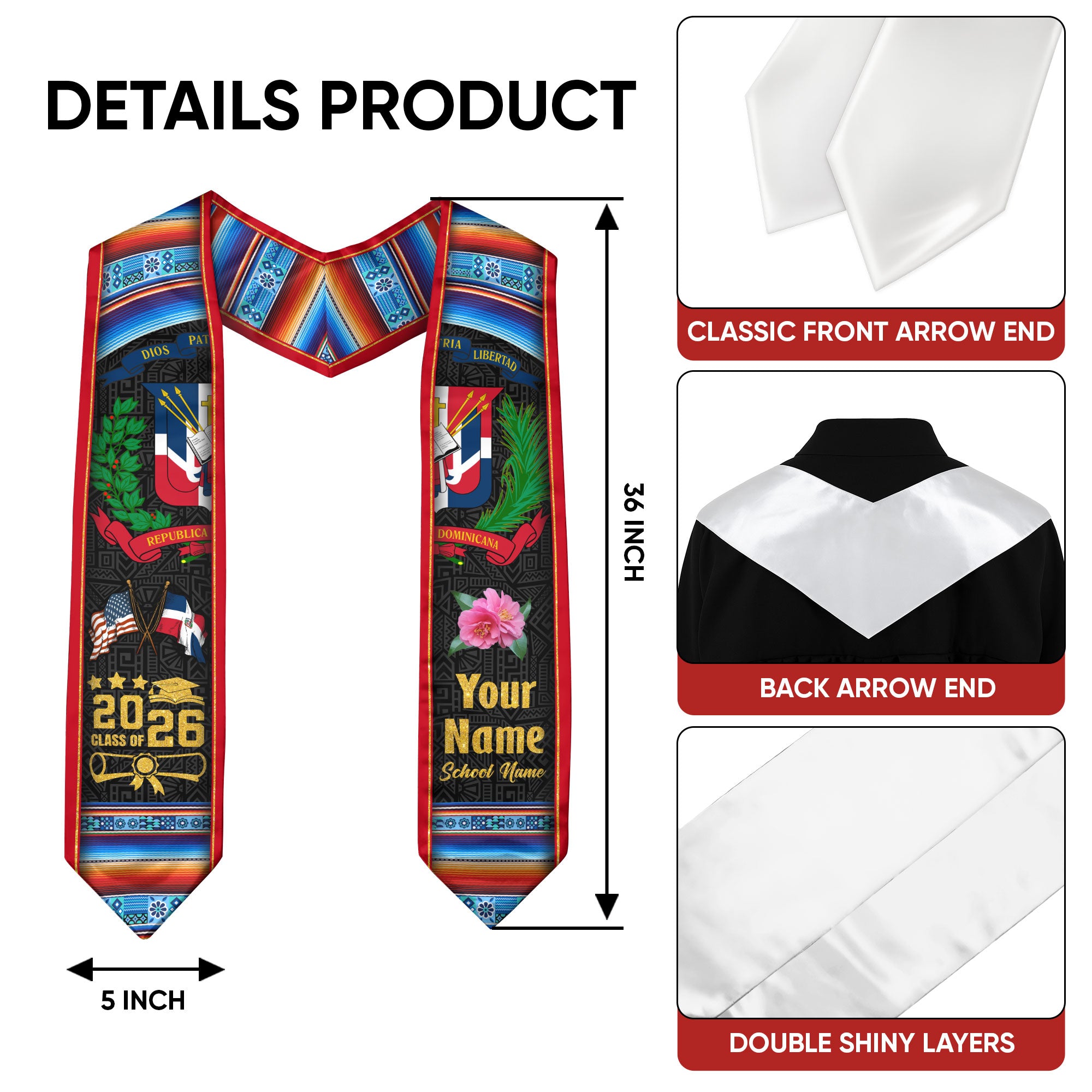 Dominican Graduation Stole 2026, Dominican Flag Sash, Tailored Detail for Class of 2026
