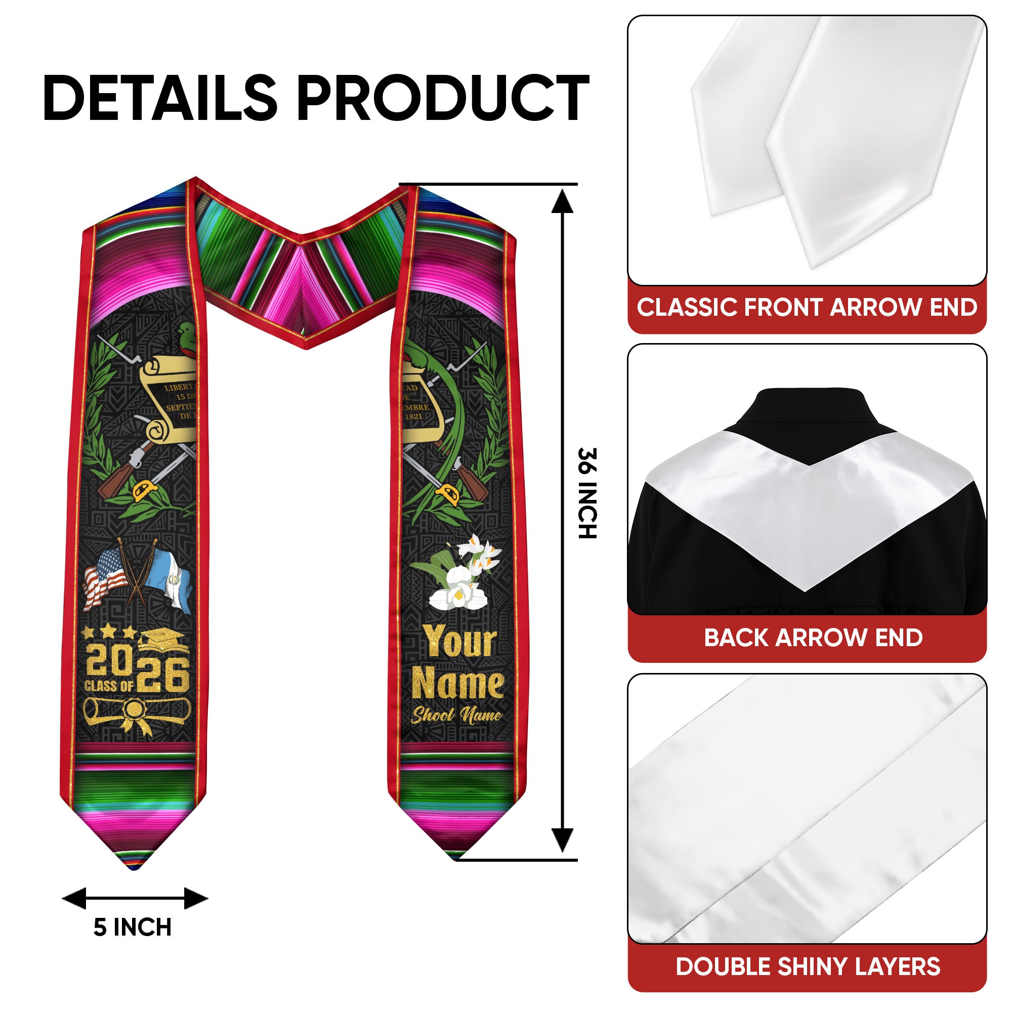Guatemala Graduation Stole 2026, Guatemala Flag Sash, Custom Trim Option for Class of 2026