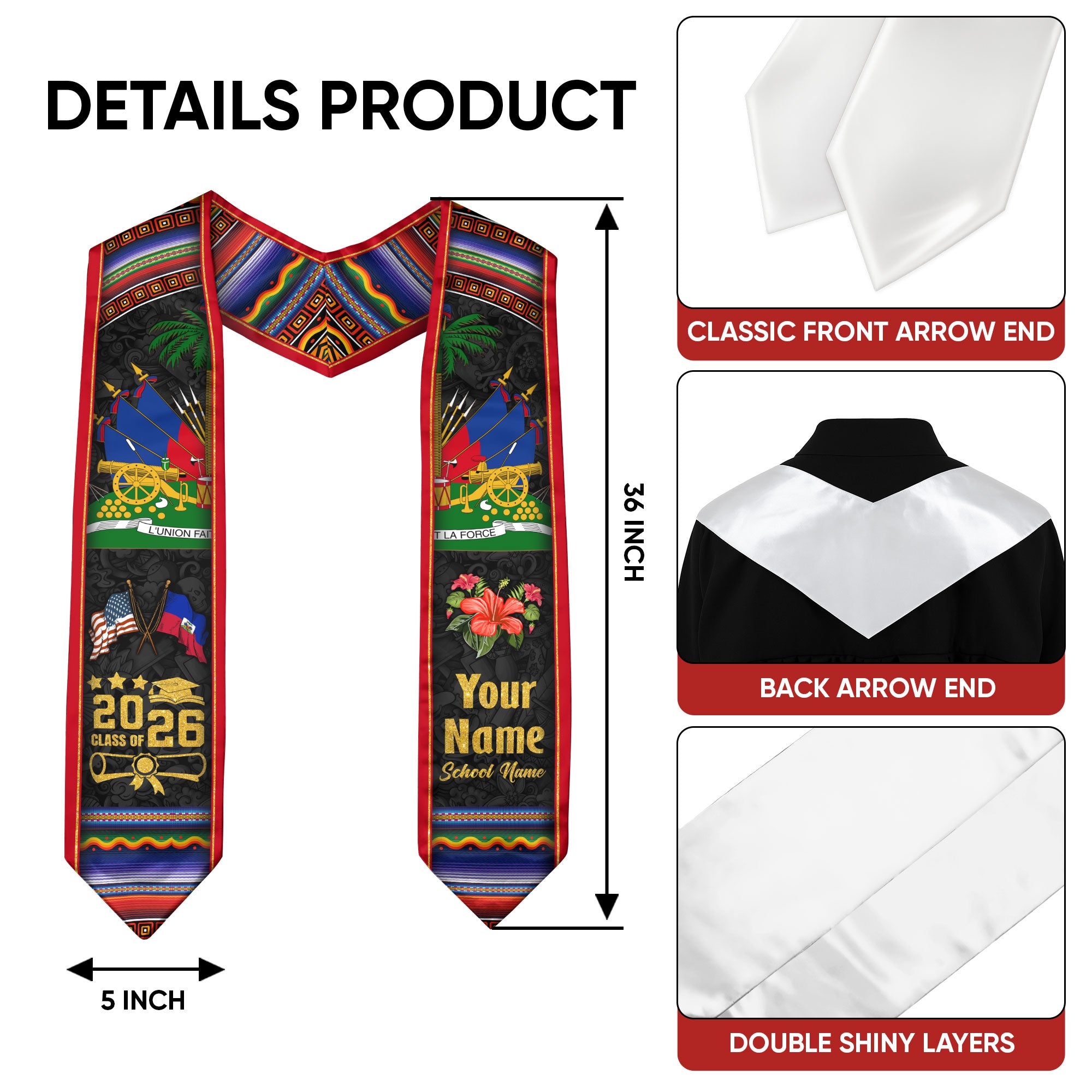 Haiti Graduation Stole 2026, Haitian Flag Sash, Tailored Detail for Class of 2026 Graduates