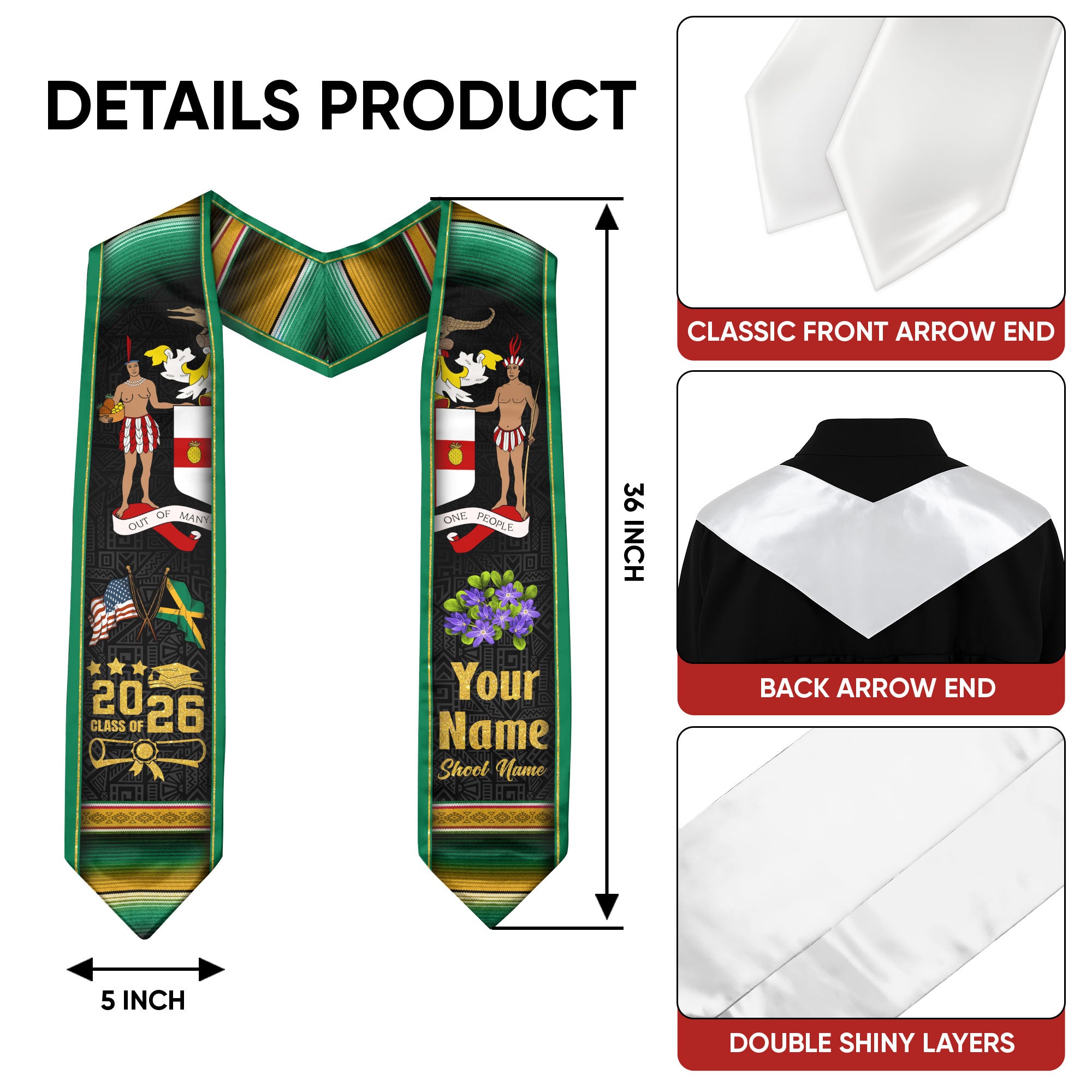 Jamaica Graduation Stole 2026, Jamaican Flag Sash, Custom Touch Option for Class of 2026