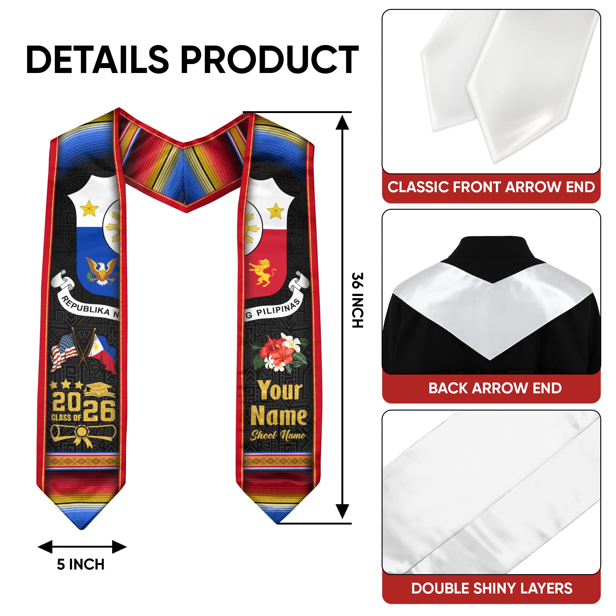 Philippines Graduation Stole 2026, Filipino Flag Sash, Tailored Detail for Class of 2026