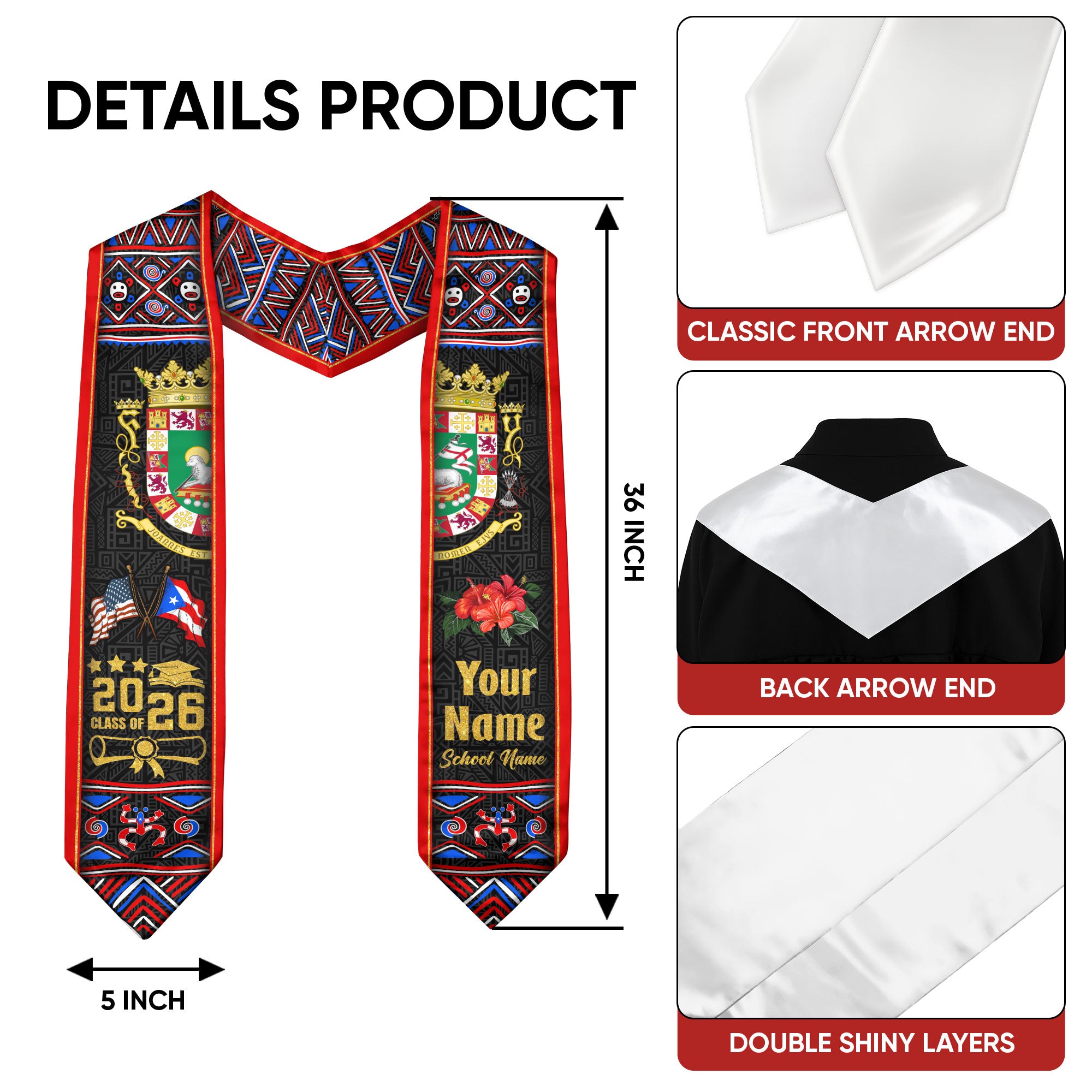 Puerto Rico Graduation Stole 2026, Puerto Rican Flag Sash, Tailored Detail for Class of 2026
