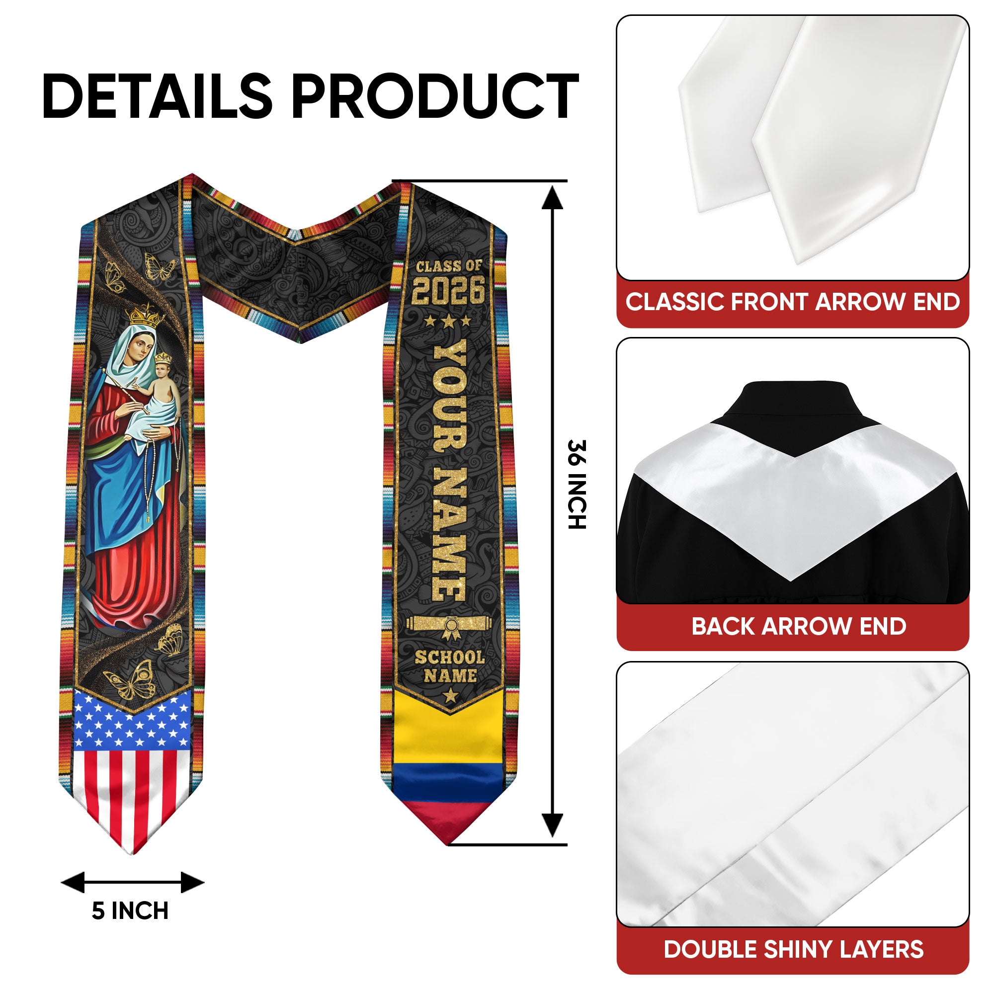 Colombian Flag Graduation Stole 2026, Colombia Sash Stole, Personalize for Grads