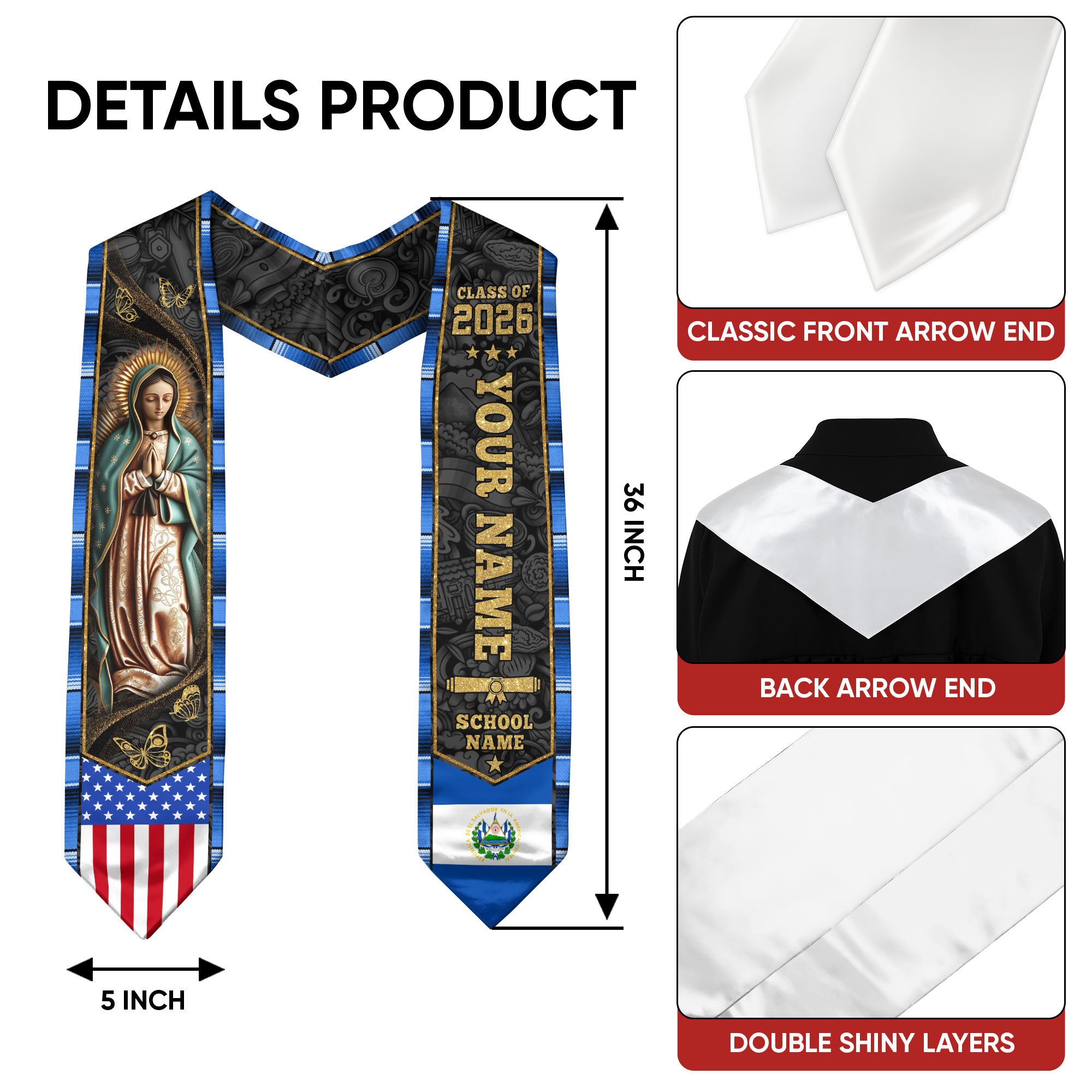 Salvadoran Flag Graduation Sash 2026, El Salvador Graduation Stole, Bespoke Touch