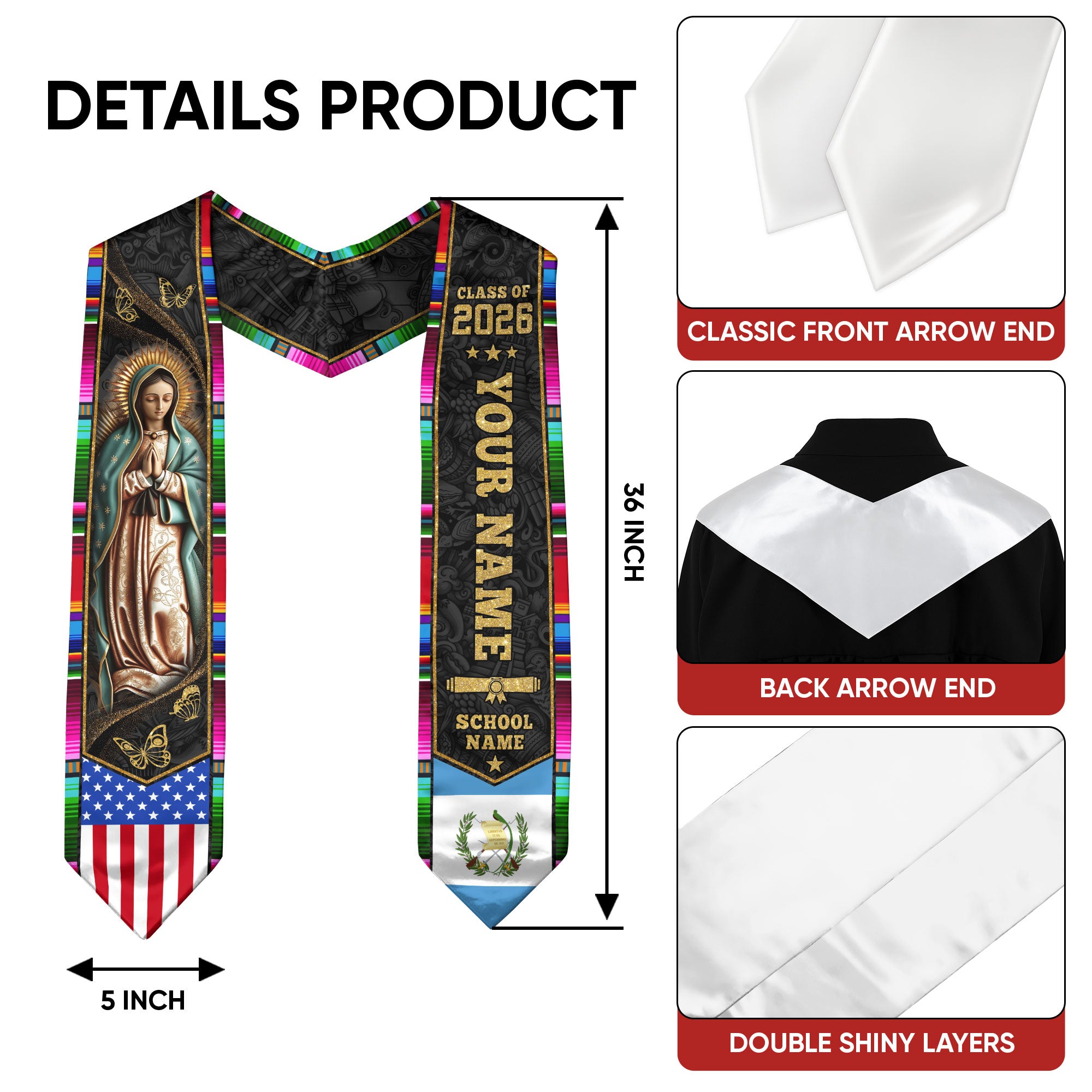 Guatemalan Flag Graduation Sash 2026, Guatemala Grad Stole, Custom Accent Detail