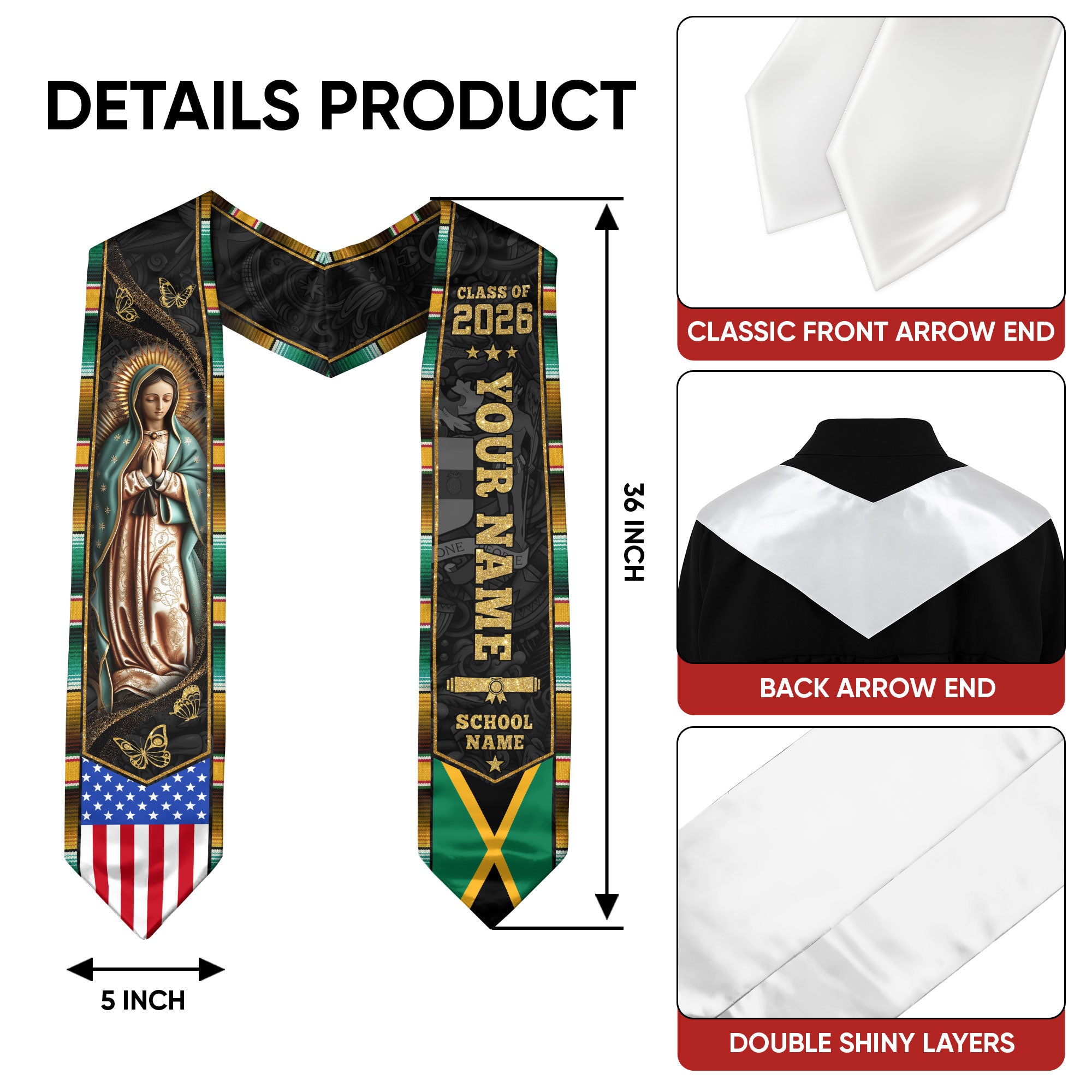 Jamaican Flag Graduation Sash 2026, Jamaica Graduation Stole, Custom Detail for Grads