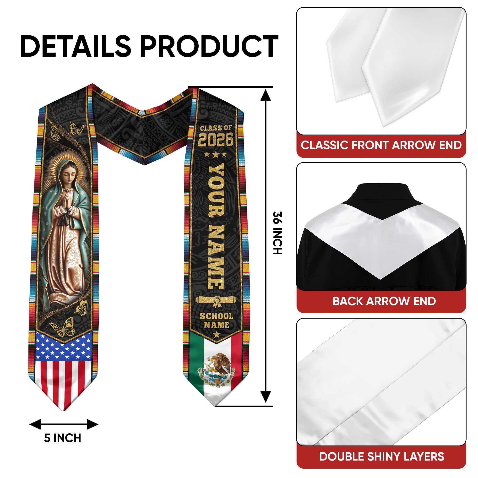 Mexican American Flag Stole 2026, Mexican Graduation Sash, Mexico Graduation Stole Gift