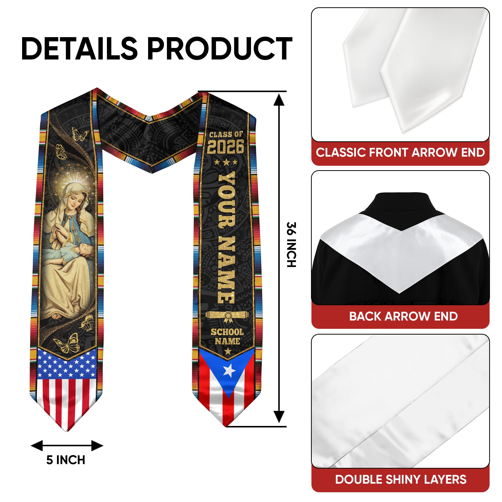 Puerto Rican Flag Graduation Sash 2026, Puerto Rico Graduation Stole, Bespoke Touch