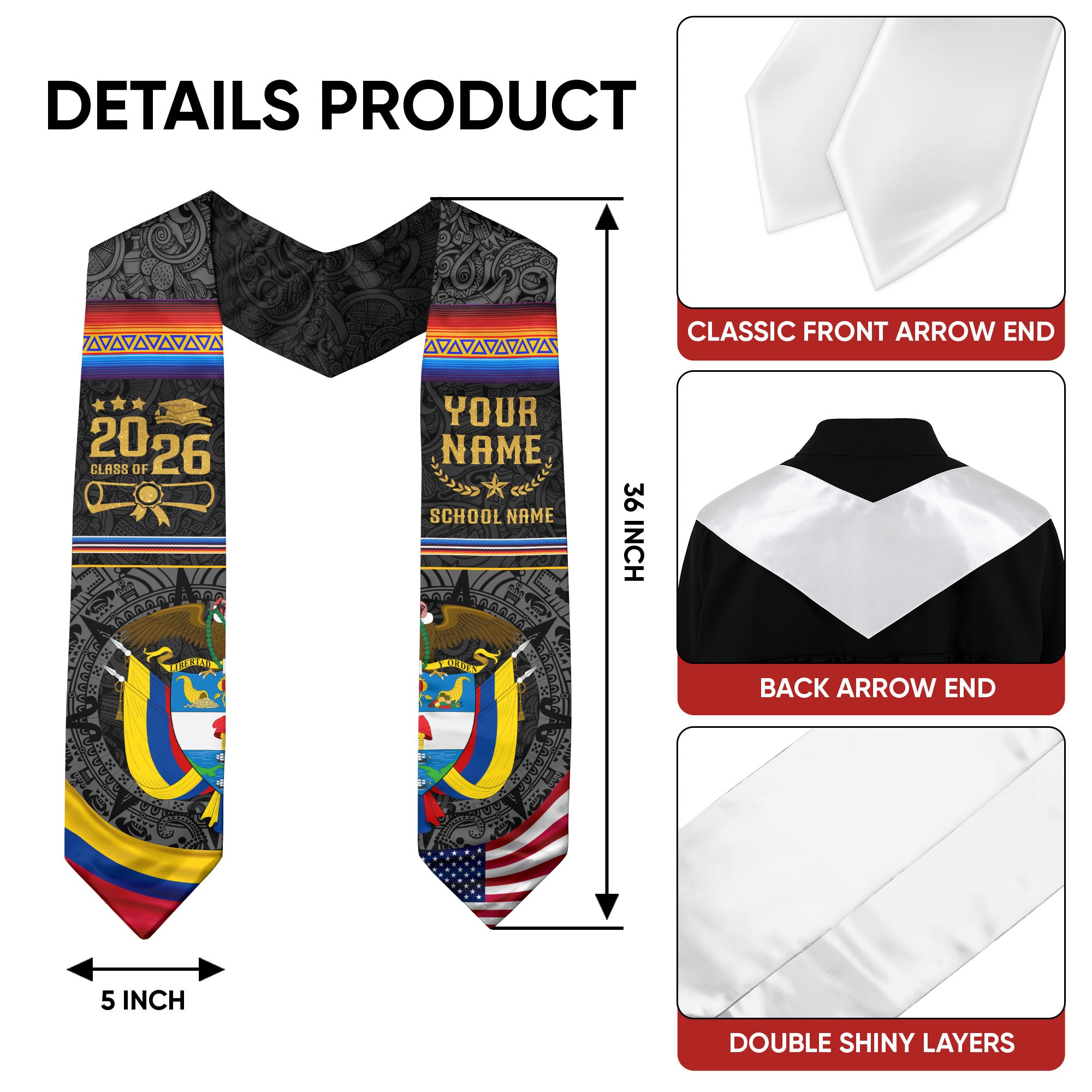 Colombia Flag Graduation Sash 2026, Colombian Stole for Graduates, Personalized 2026