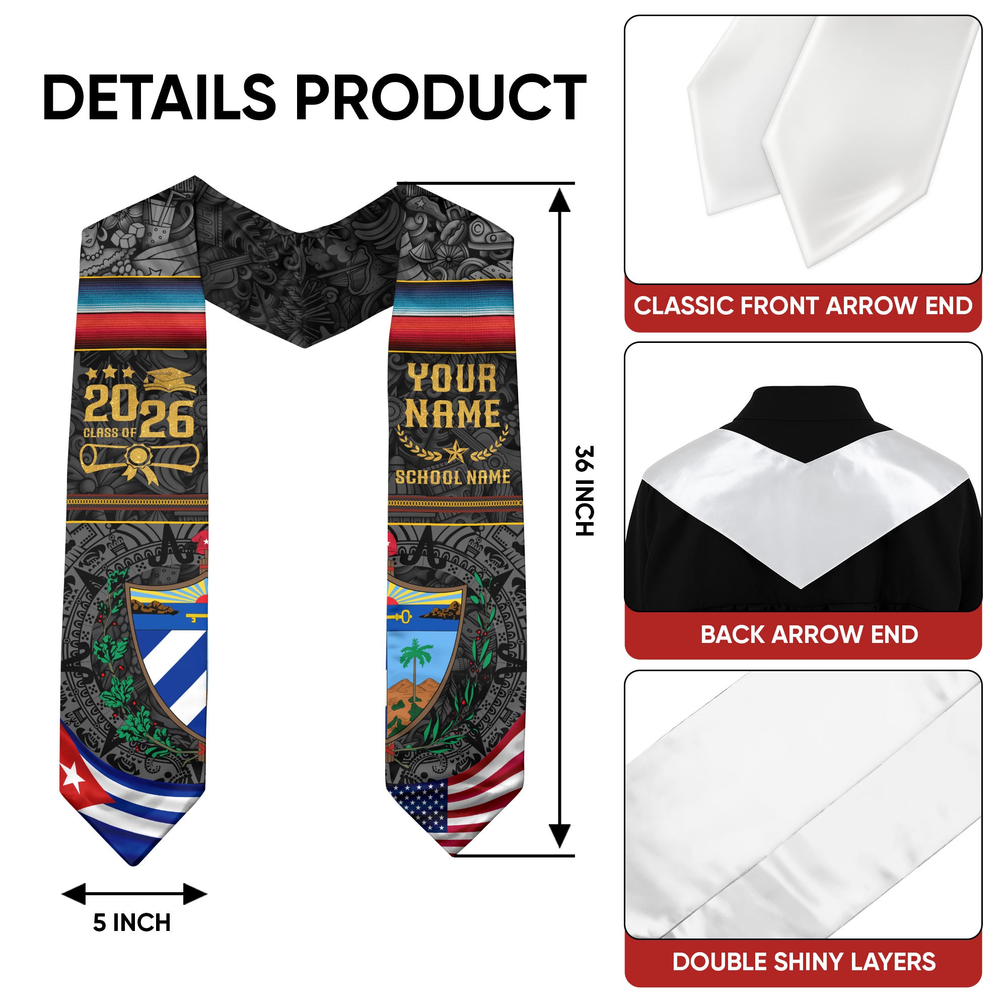 Cuba Flag Graduation Stole 2026, Cuban Grad Sash, Signature Finish for Class of 2026