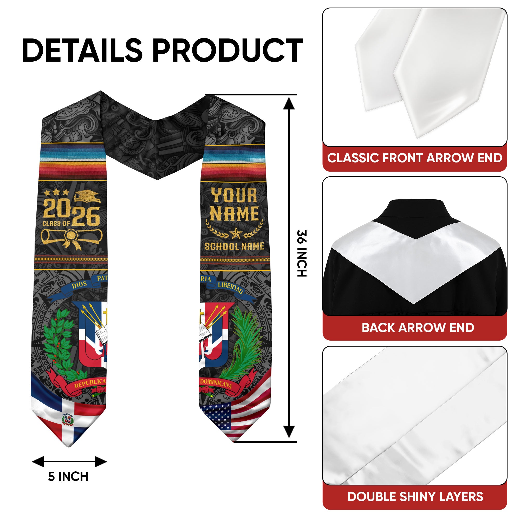 Dominican Flag Graduation Stole 2026, Dominican Grad Sash, Signature Finish for 2026