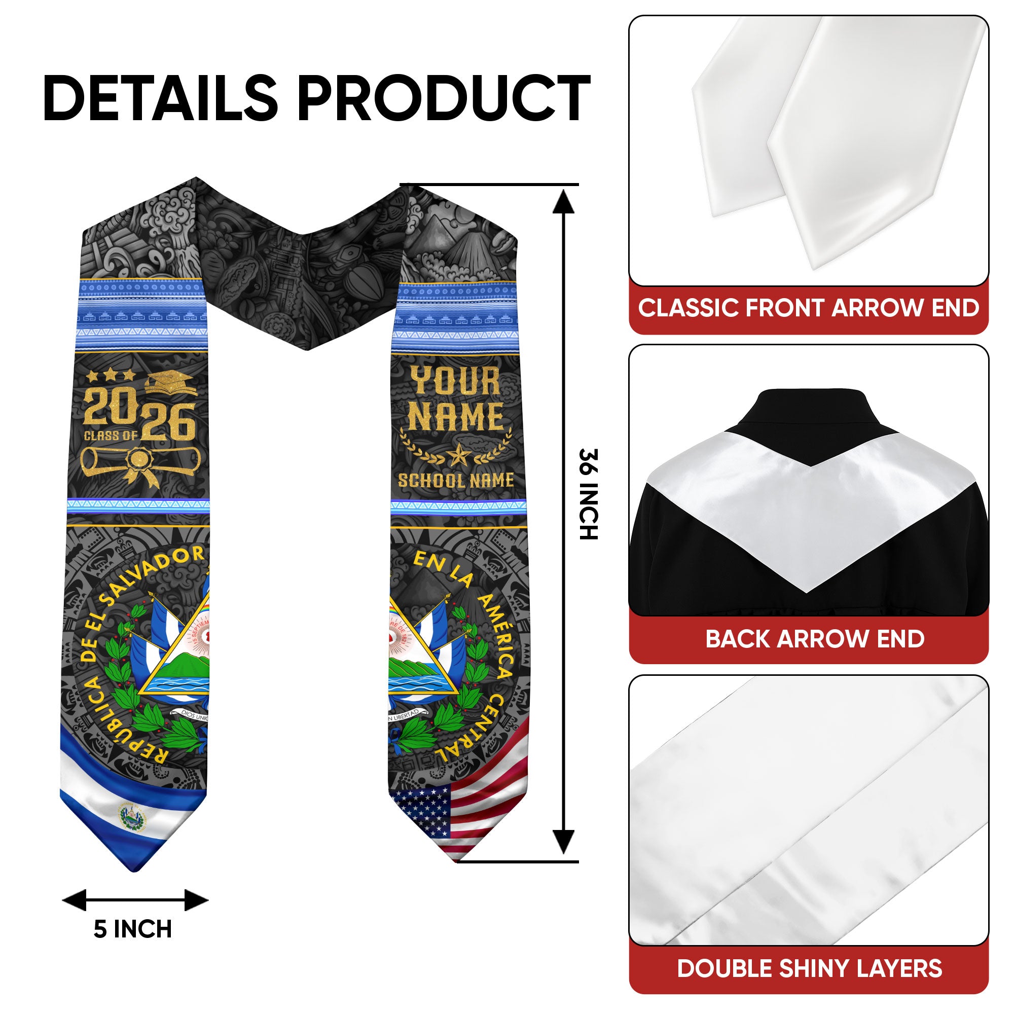 El Salvador Flag Graduation Stole 2026, Salvadoran Grad Sash, Signature Finish for 2026